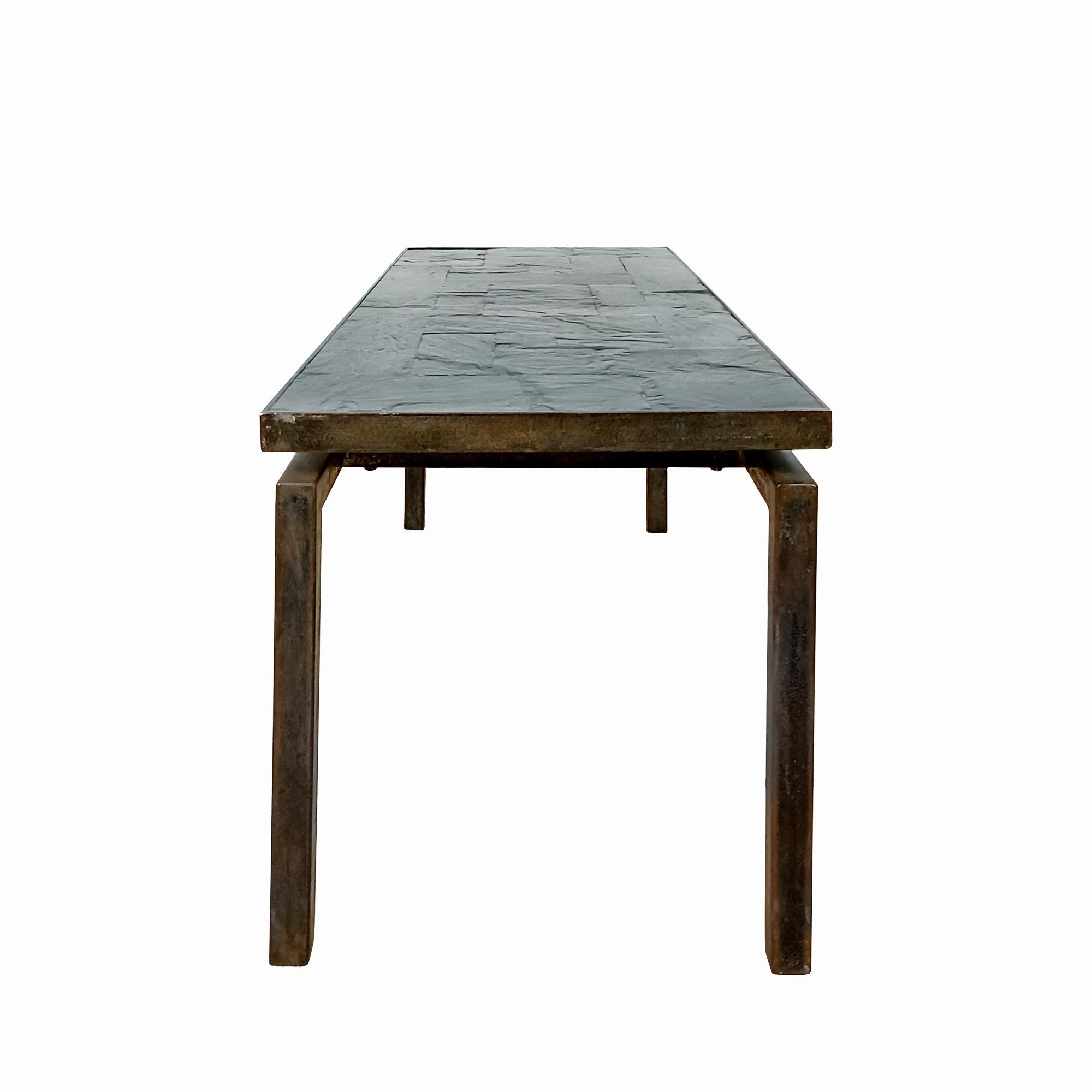 French Mid-Century Modern Thick Slate Coffee Table In A Steel Frame - France, 1970 For Sale