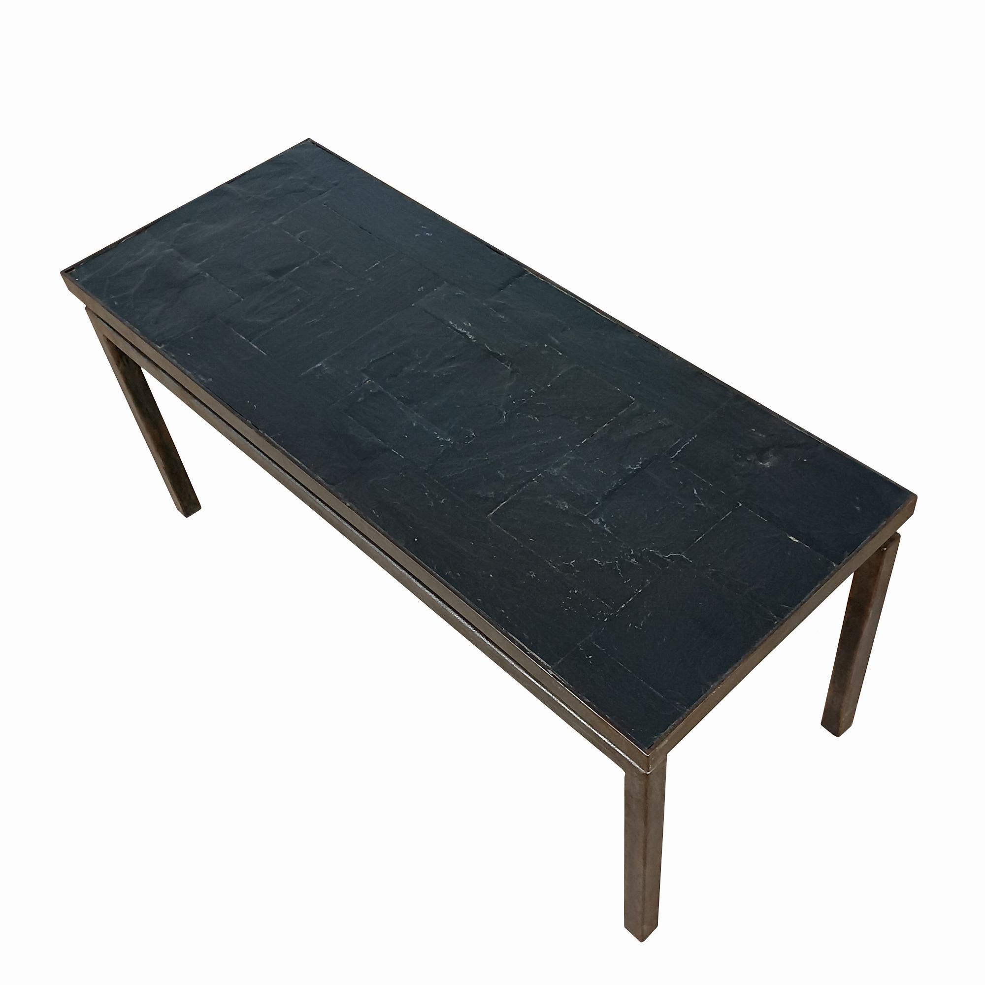 Marquetry Mid-Century Modern Thick Slate Coffee Table In A Steel Frame - France, 1970 For Sale
