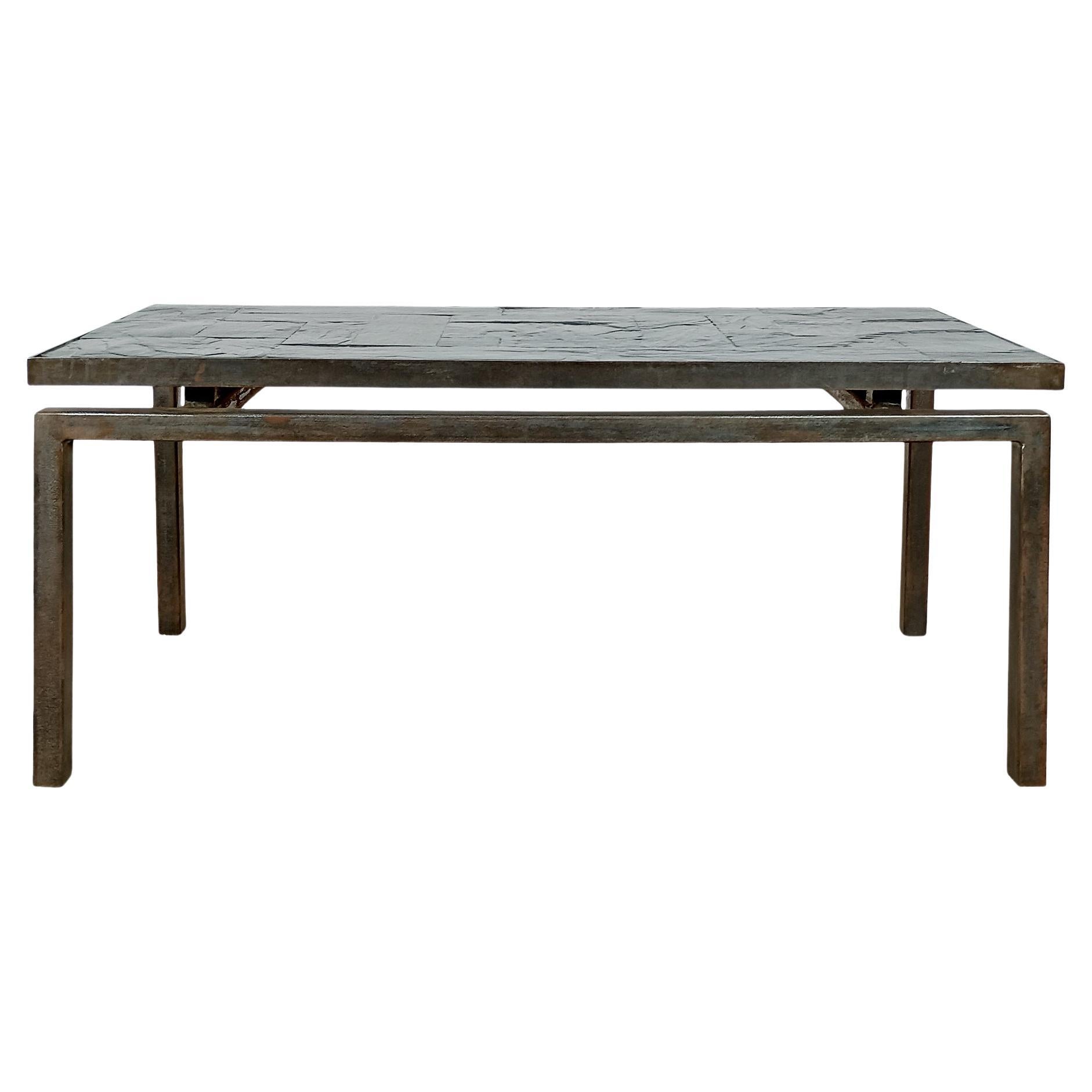Mid-Century Modern Thick Slate Coffee Table In A Steel Frame - France, 1970 For Sale