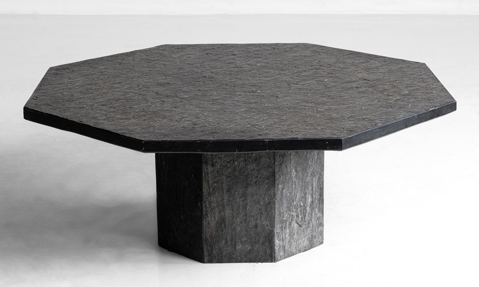 Slate coffee table

France circa 1960

Octagonal slate top coffee table on paneled base.

Measures: 46.75”diameter x 17.25”h.