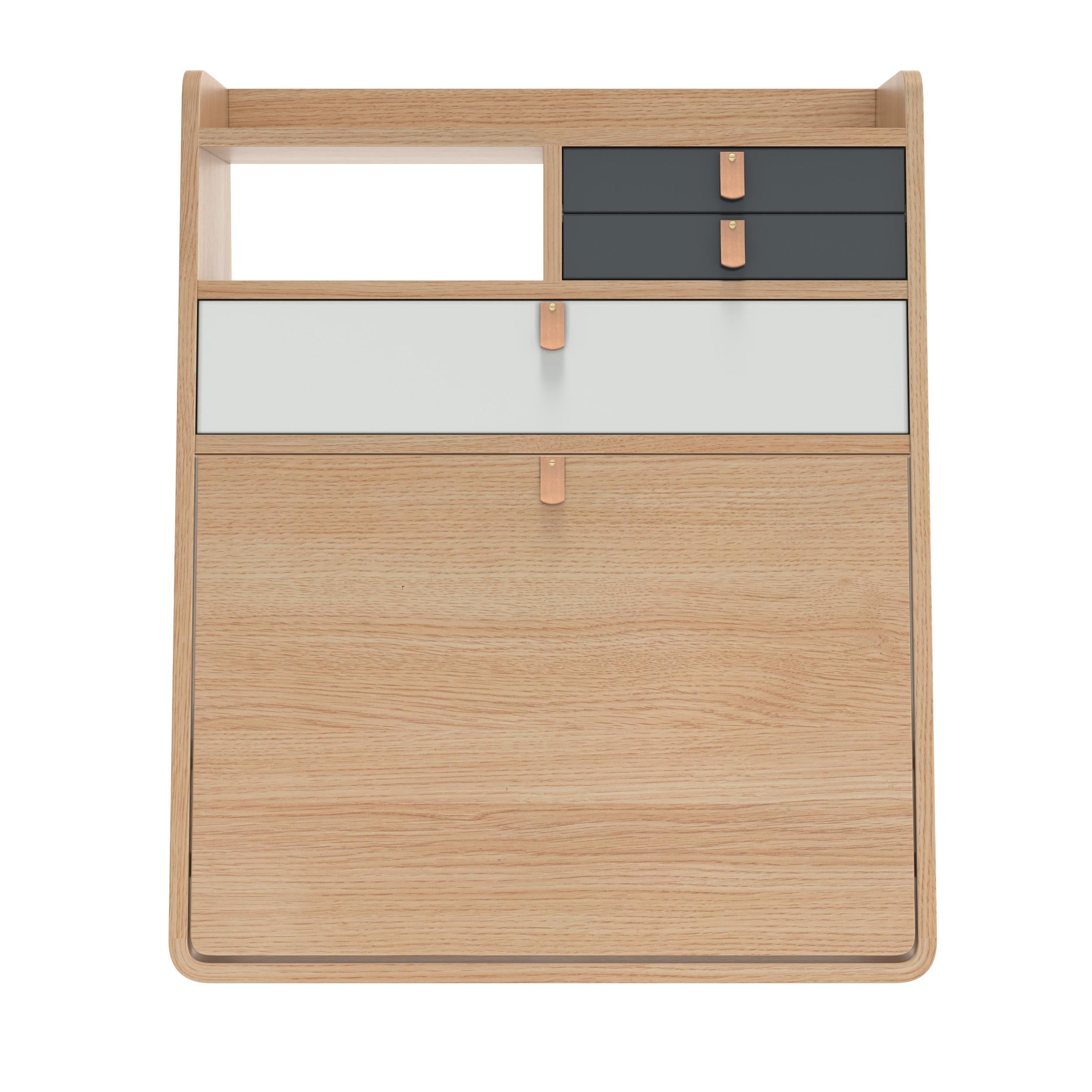 Slate Grey Drawers Gaston Floating Writing Desk 60 cm Natural Oak by HARTO
Dimensions: W 60 x D 32 x H 72 cm. 
Materials: MDF wood veneer, Lacquered MDF, Leather.
Weight: 22.0 kg

Gaston has everything a big boy needs and yet it takes up so little