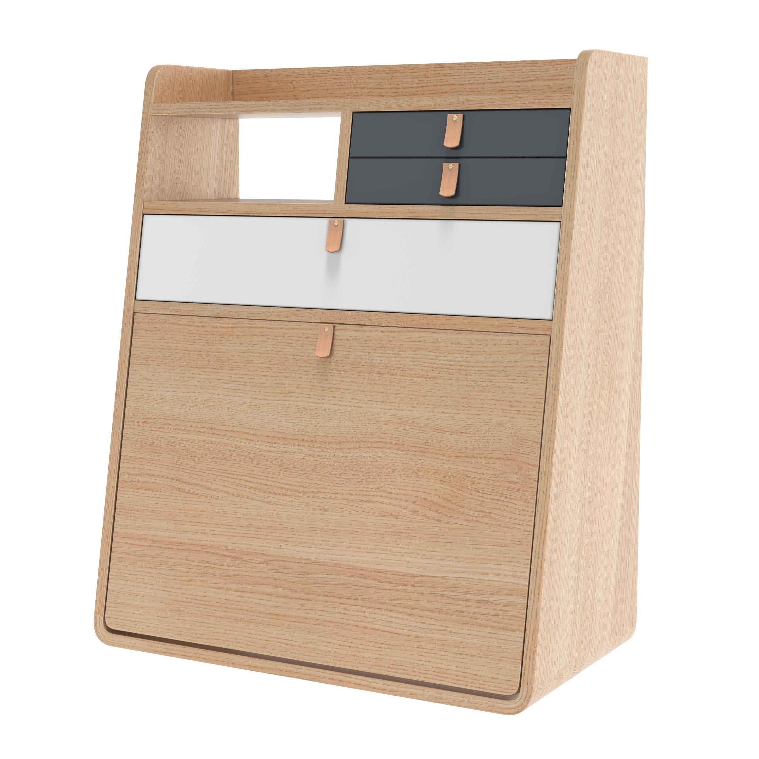 Portuguese Slate Grey Drawers Gaston Floating Writing Desk 60 cm Natural Oak by HARTO For Sale