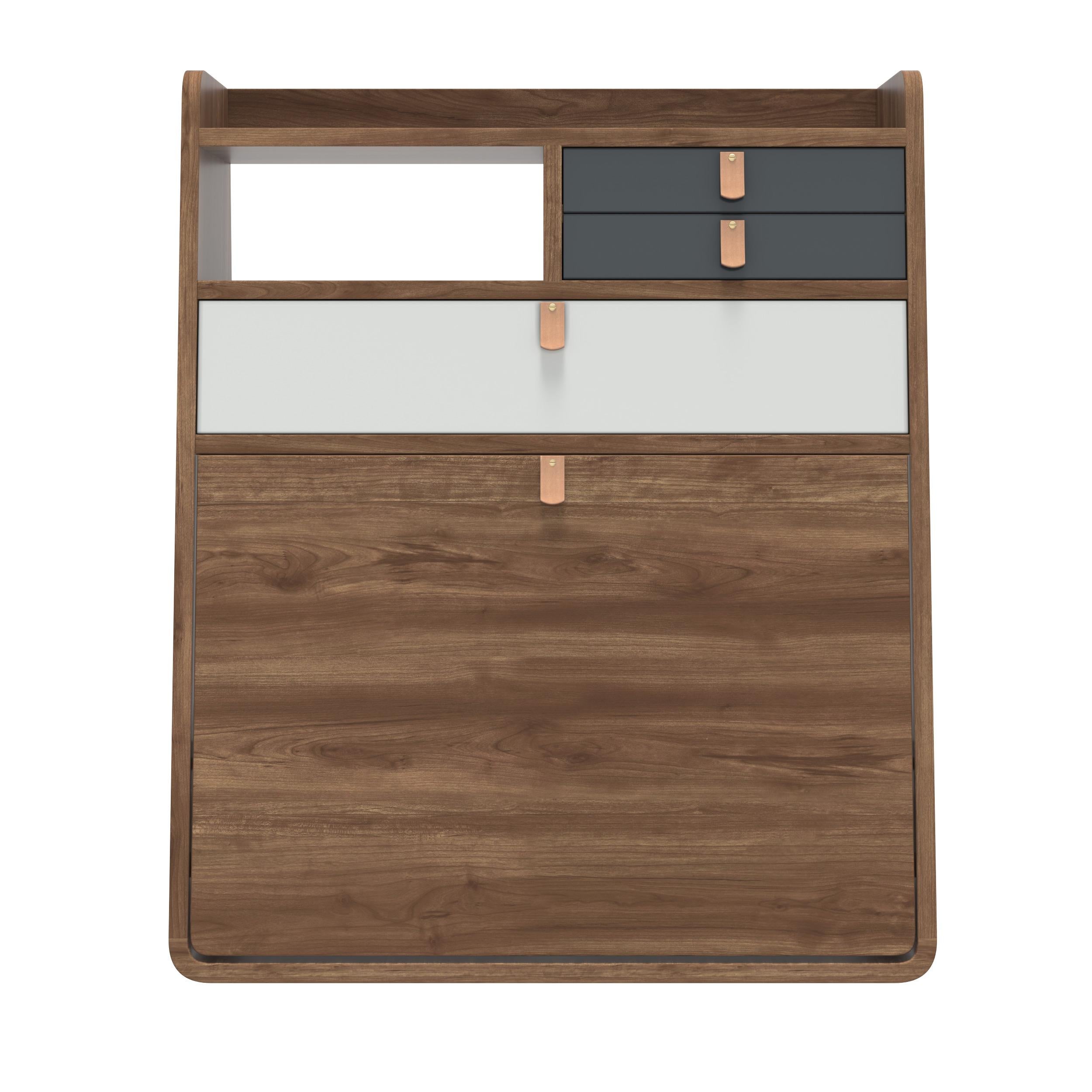 Slate Grey Drawers Gaston Floating Writing Desk 60 cm Natural Walnut by HARTO
Dimensions: W 60 x D 32 x H 72 cm. 
Materials: MDF wood veneer, Lacquered MDF, Leather.
Weight: 22.0 kg

Gaston has everything a big boy needs and yet it takes up so