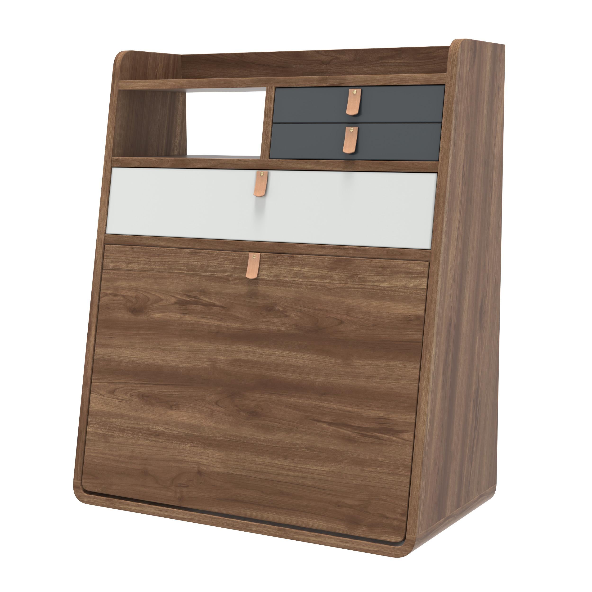 Post-Modern Slate Grey Drawers Gaston Floating Writing Desk 60 cm Natural Walnut by HARTO For Sale