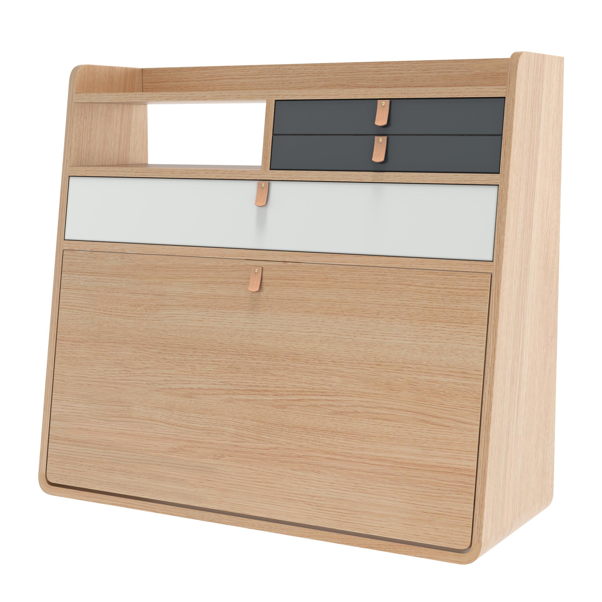 Slate Grey Drawers Gaston Floating Writing Desk 80 cm Natural Oak by HARTO
Dimensions: W 80 x D 32 x H 72 cm. 
Materials: MDF wood veneer, Lacquered MDF, Leather.
Weight: 27.5 kg

Gaston has everything a big boy needs and yet it takes up so little