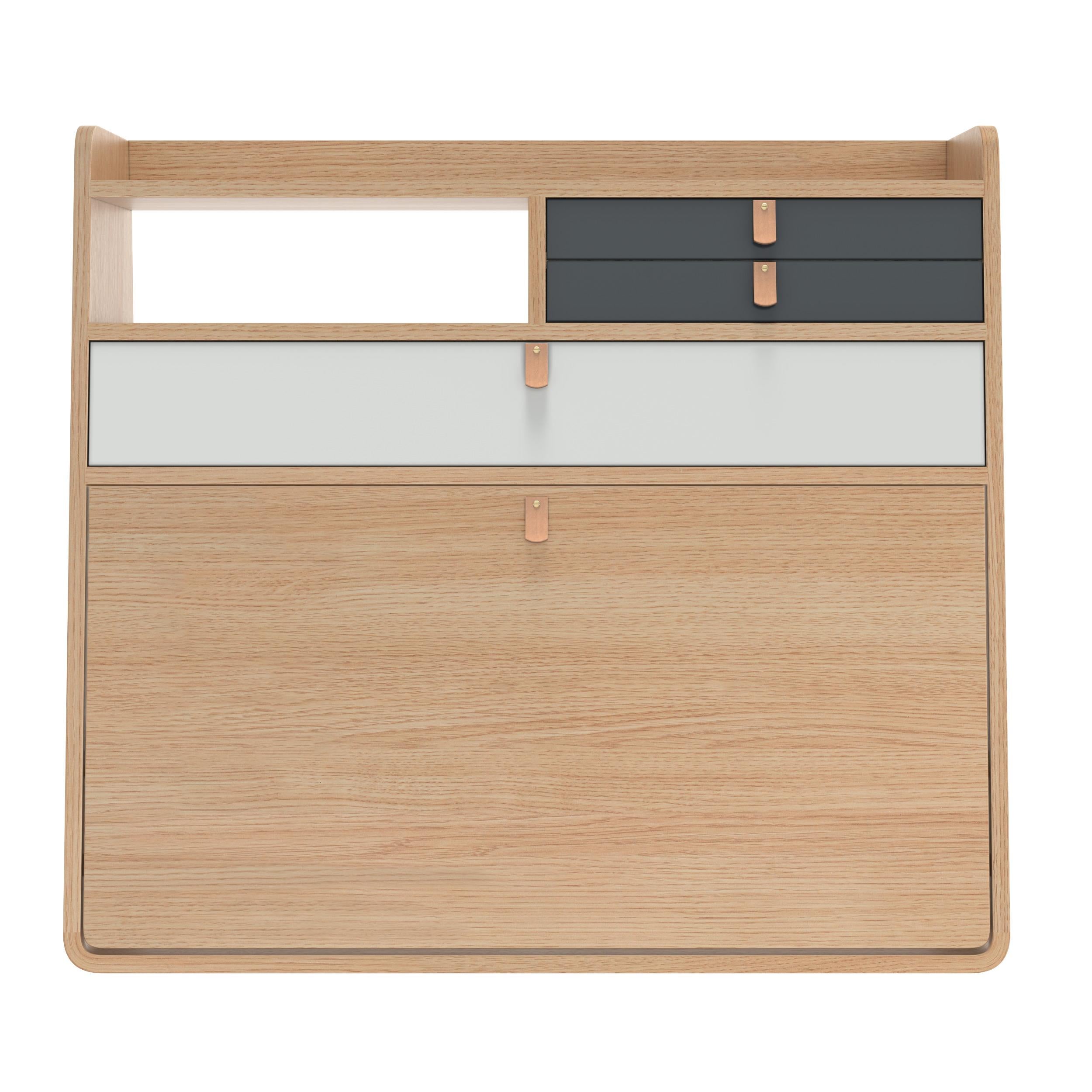 Portuguese Slate Grey Drawers Gaston Floating Writing Desk 80 cm Natural Oak by HARTO For Sale