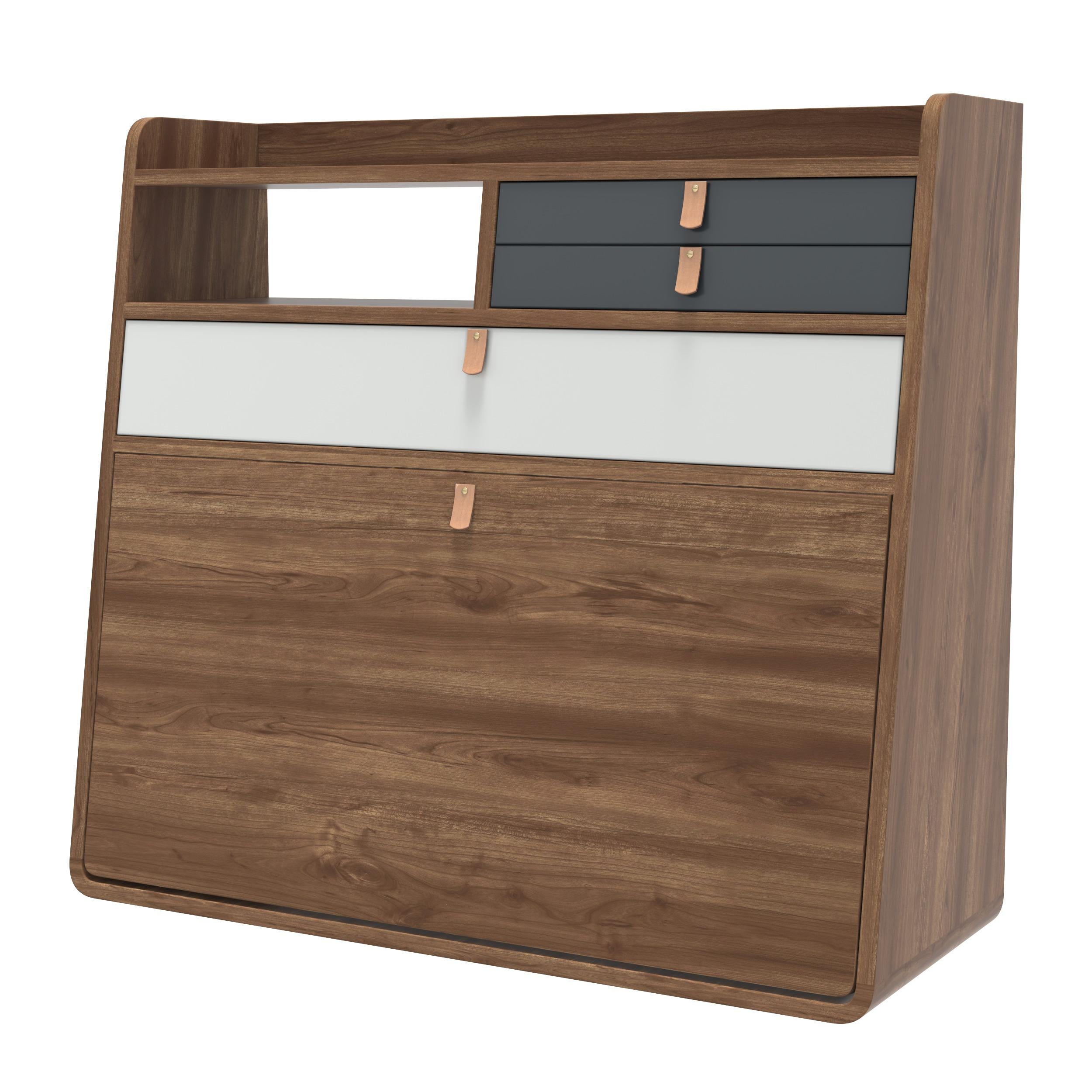 Slate Grey Drawers Gaston Floating Writing Desk 80 cm Natural Walnut by HARTO
Dimensions: W 80 x D 32 x H 72 cm. 
Materials: MDF wood veneer, Lacquered MDF, Leather.
Weight: 27.5 kg

Gaston has everything a big boy needs and yet it takes up so