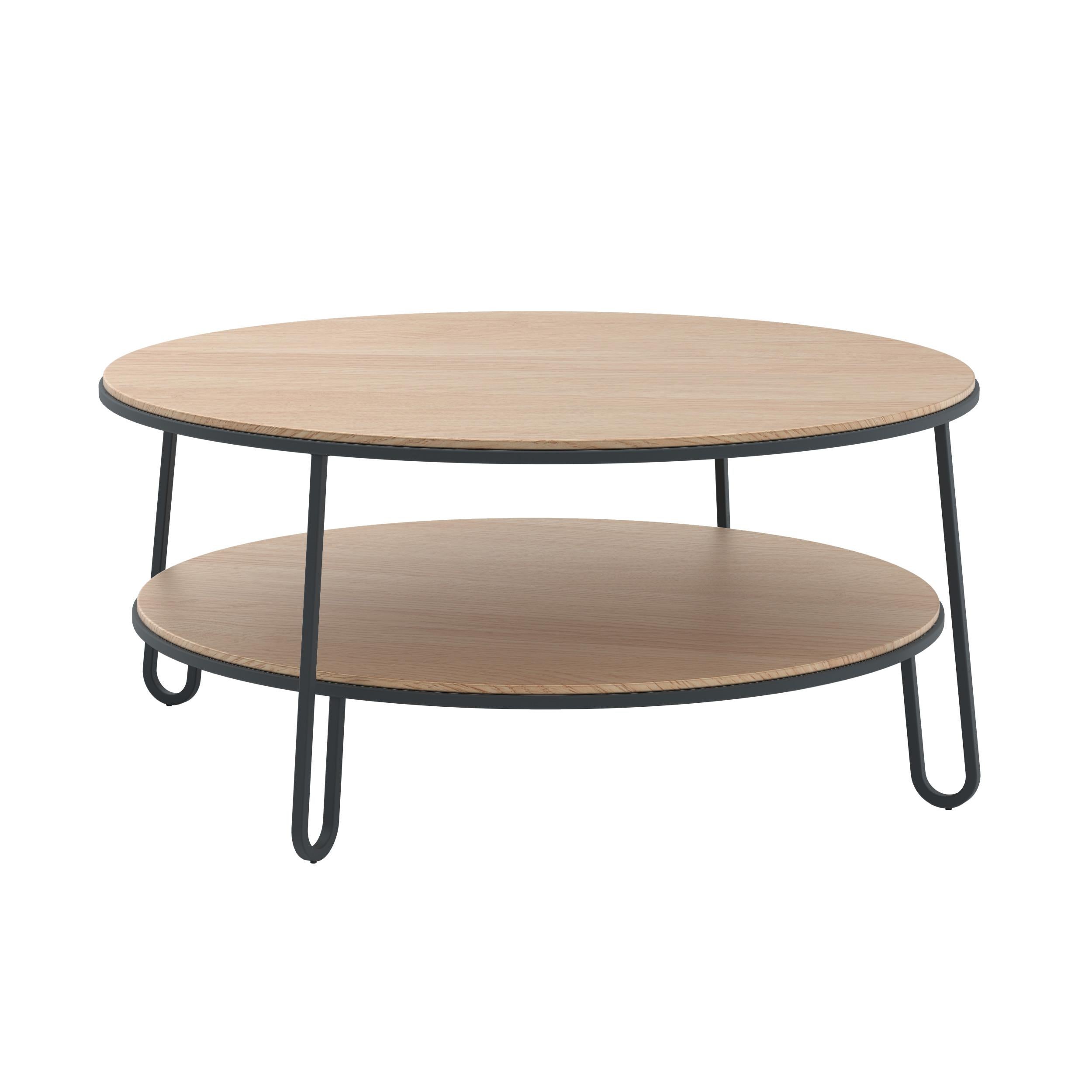Schiefergrauer Metall-Couchtisch Eugénie 90 OAK von HARTO
Abmessungen: B 90 x T 90 x H 41 cm. 
MATERIALIEN: Holzfurniertes Sperrholz, Lackiertes Metall.
Gewicht: 20 kg

Der runde Couchtisch Eugénie (70 cm) ist luftig, sein leicht geschwungenes