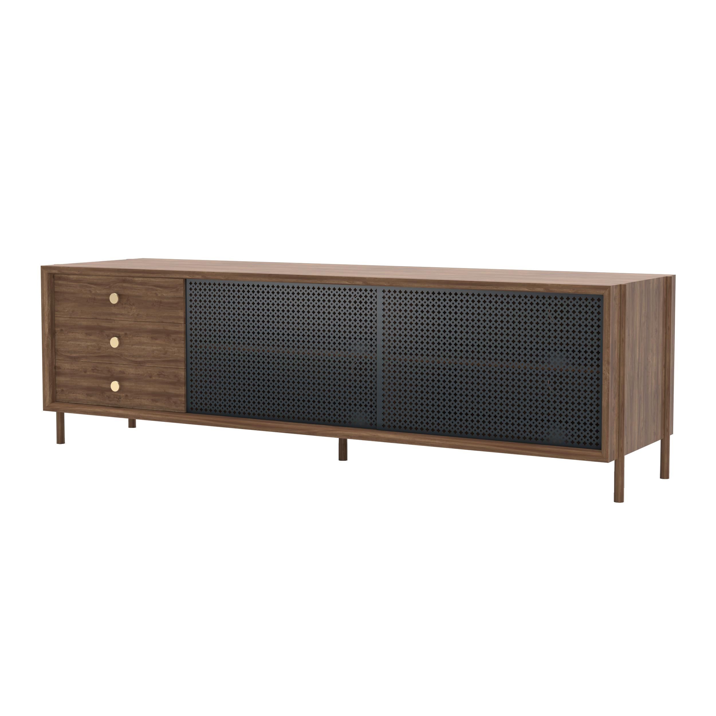 Postmoderno Credenza Gabin in metallo grigio ardesia 162 cm con cassetti Nature Walnut di HARTO in vendita