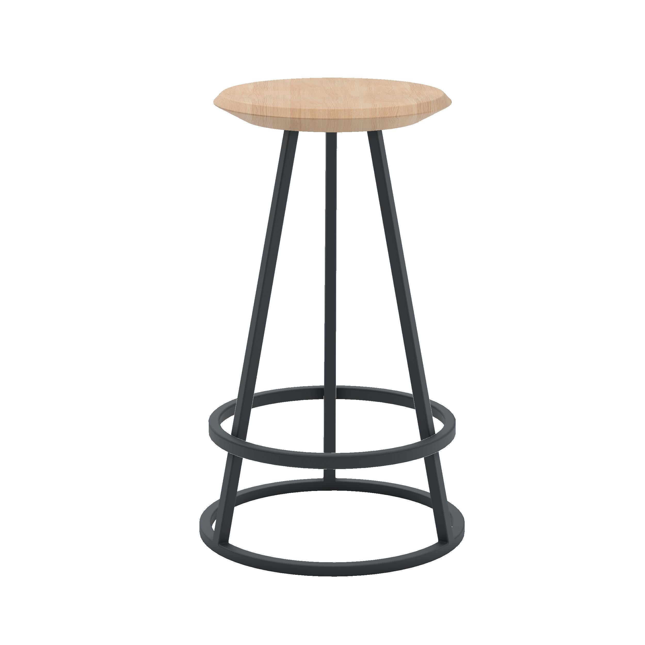 Slate Grey Metal Gustave Bar Stool 65 cm Natural Oak by HARTO
Dimensions: W 42 x D 42 x H 65 cm. 
Materials: Solid wood, Painted metal.
Weight: 5.5 kg

Gustave is a stool with clean and elegant lines. Its slightly curved solid wood seat and conical