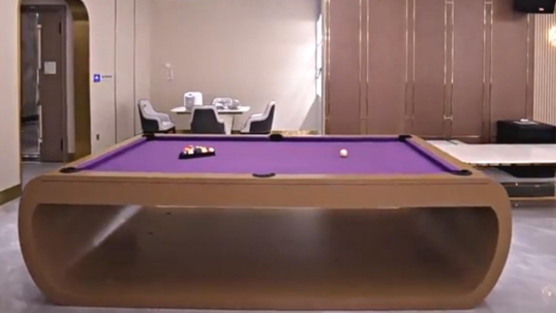 Brushed Slate Modern Pool Tables Moonstone Brown Lacquered Solid Oak, Purple Draize Felt For Sale
