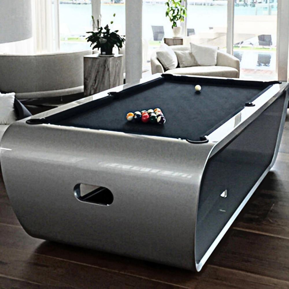Contemporary Slate Modern Pool Tables Moonstone Brown Lacquered Solid Oak, Purple Draize Felt For Sale