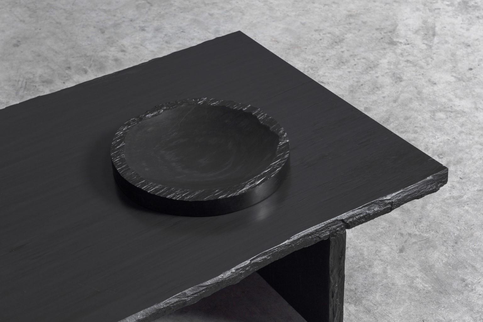 Slate sculpted center piece by Frederic Saulou
Center piece
Black Slate
Measures: H 6, D 32 cm, approximately 20 kg
Limited edition of 20
Signed and numbered.

