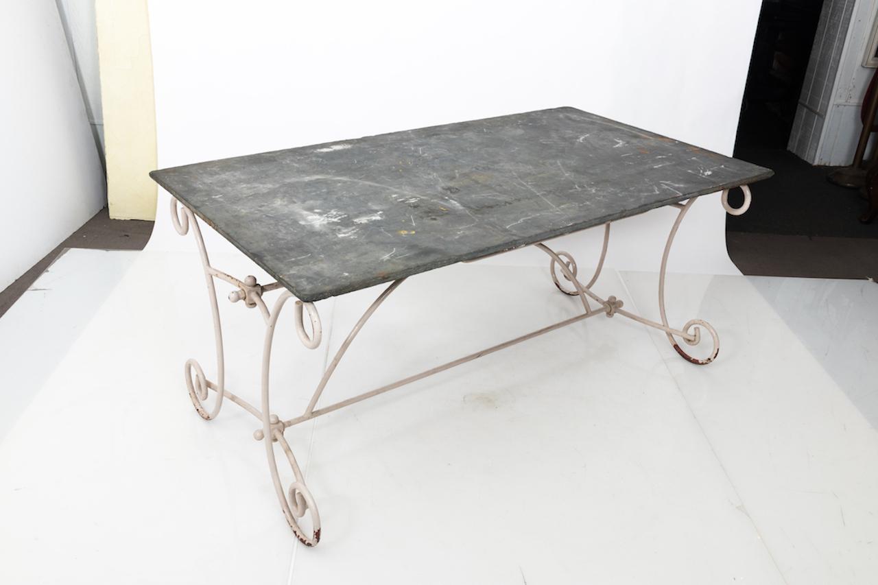 20th Century Vintage Slate Top Iron Garden Dining Table