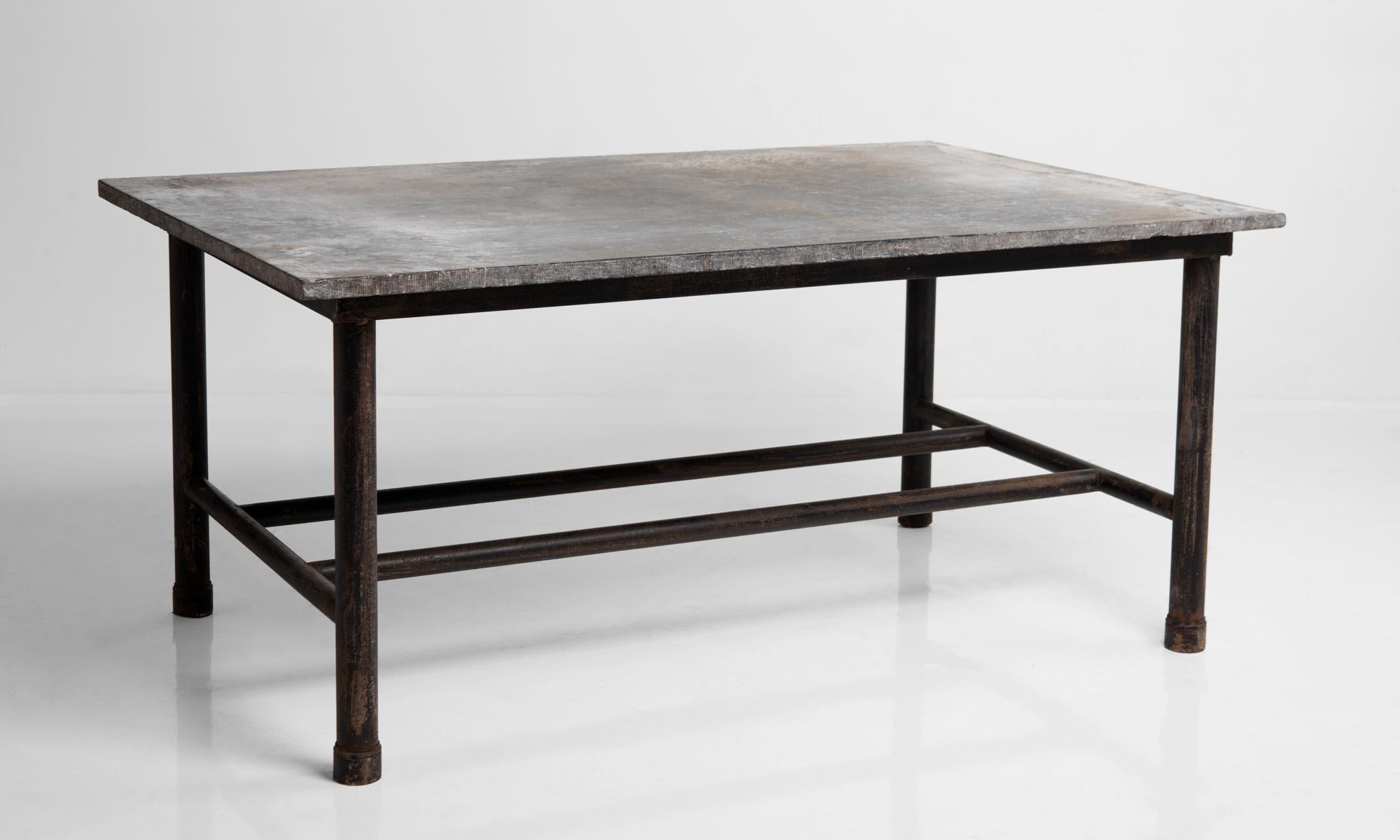 French Slate Top and Metal Work Table, France, circa 1930