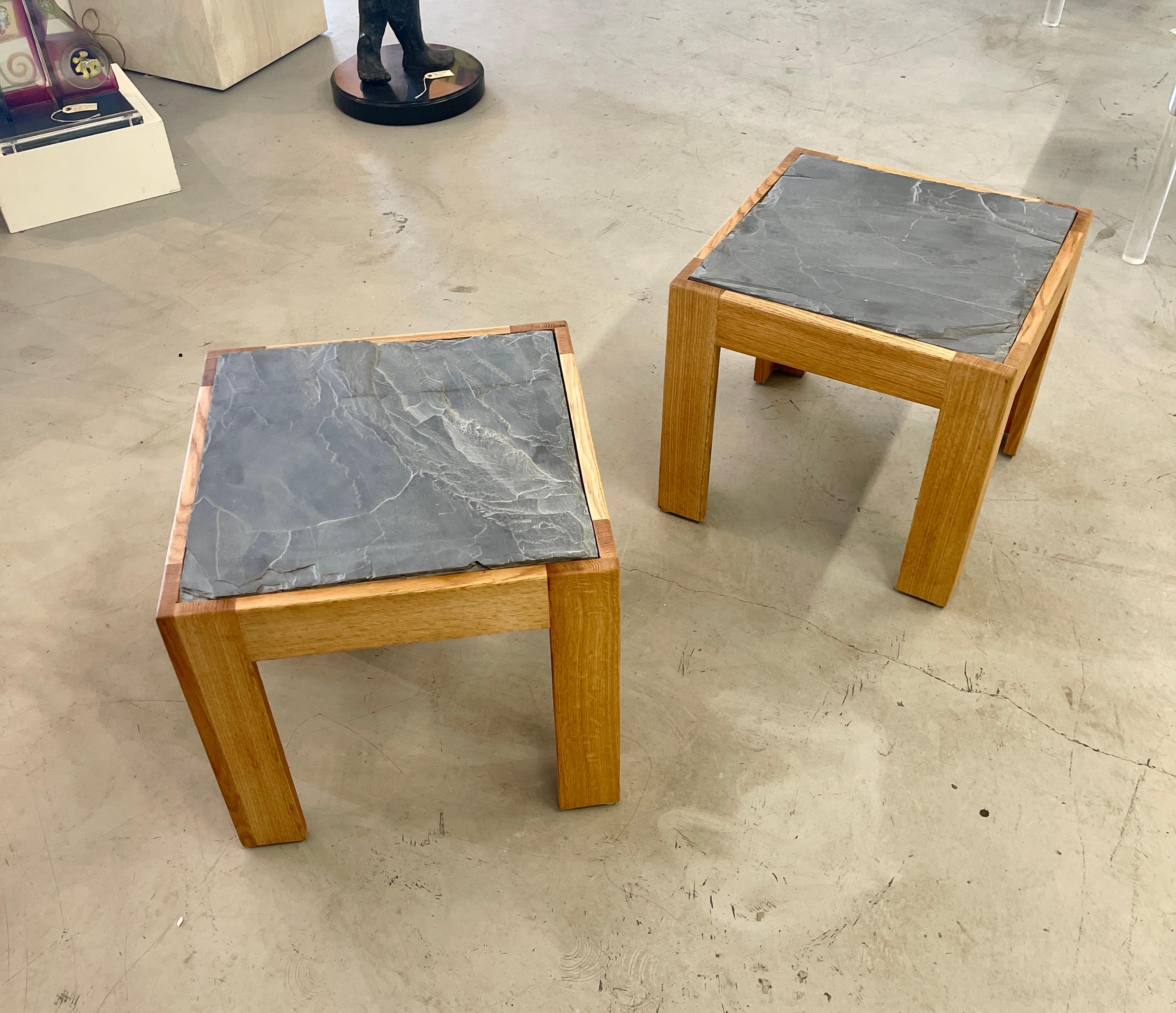 Slate Top Oak Tables In Excellent Condition For Sale In Palm Springs, CA