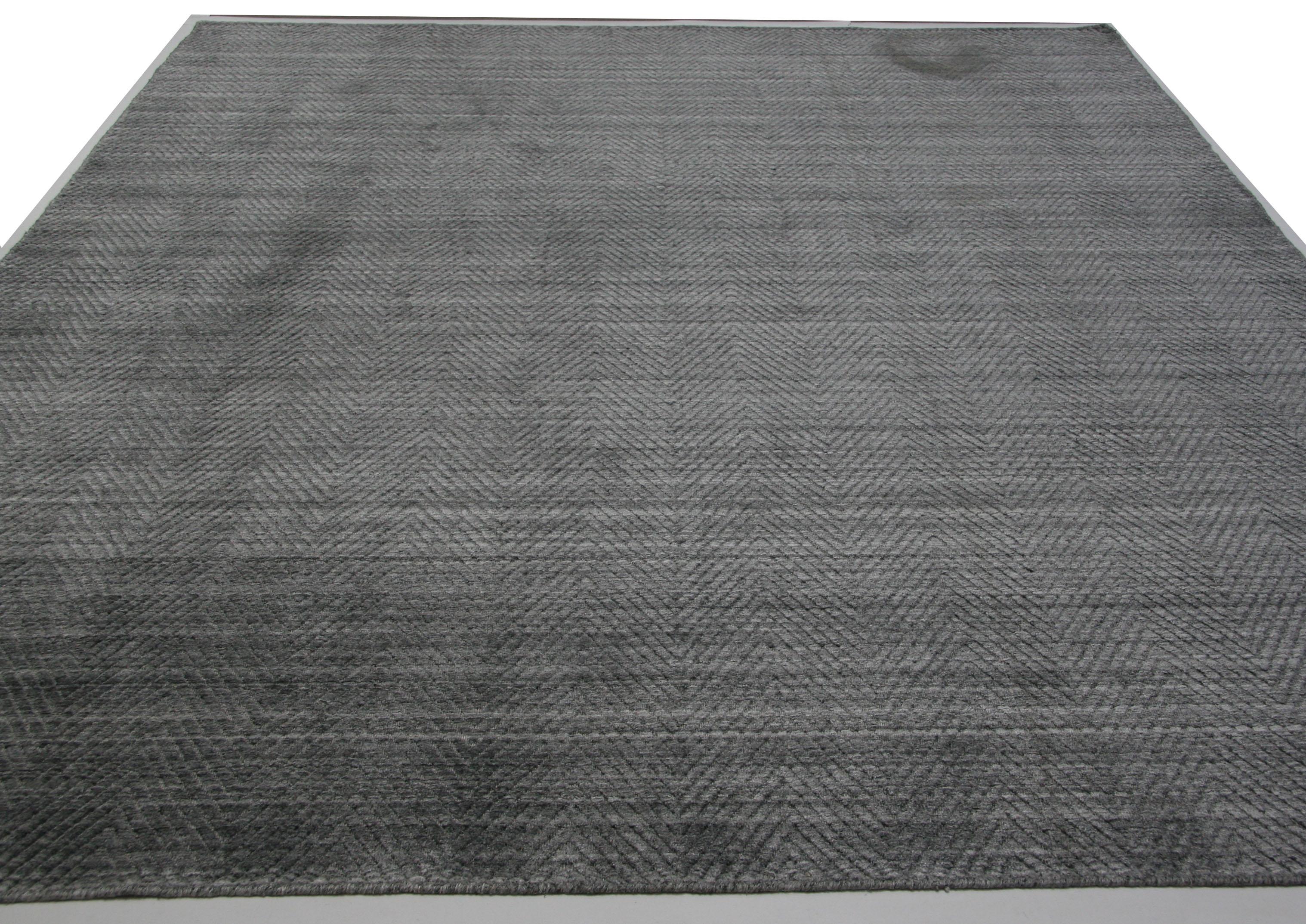 Hand-Knotted Slate Zig Zag High Low Area Rug For Sale