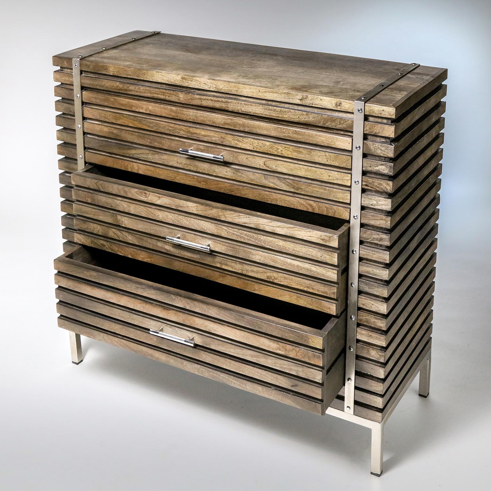 Sleek, modern 3-drawer chest in horizontal mahogany slats with polished steel legs, straps, and hardware.