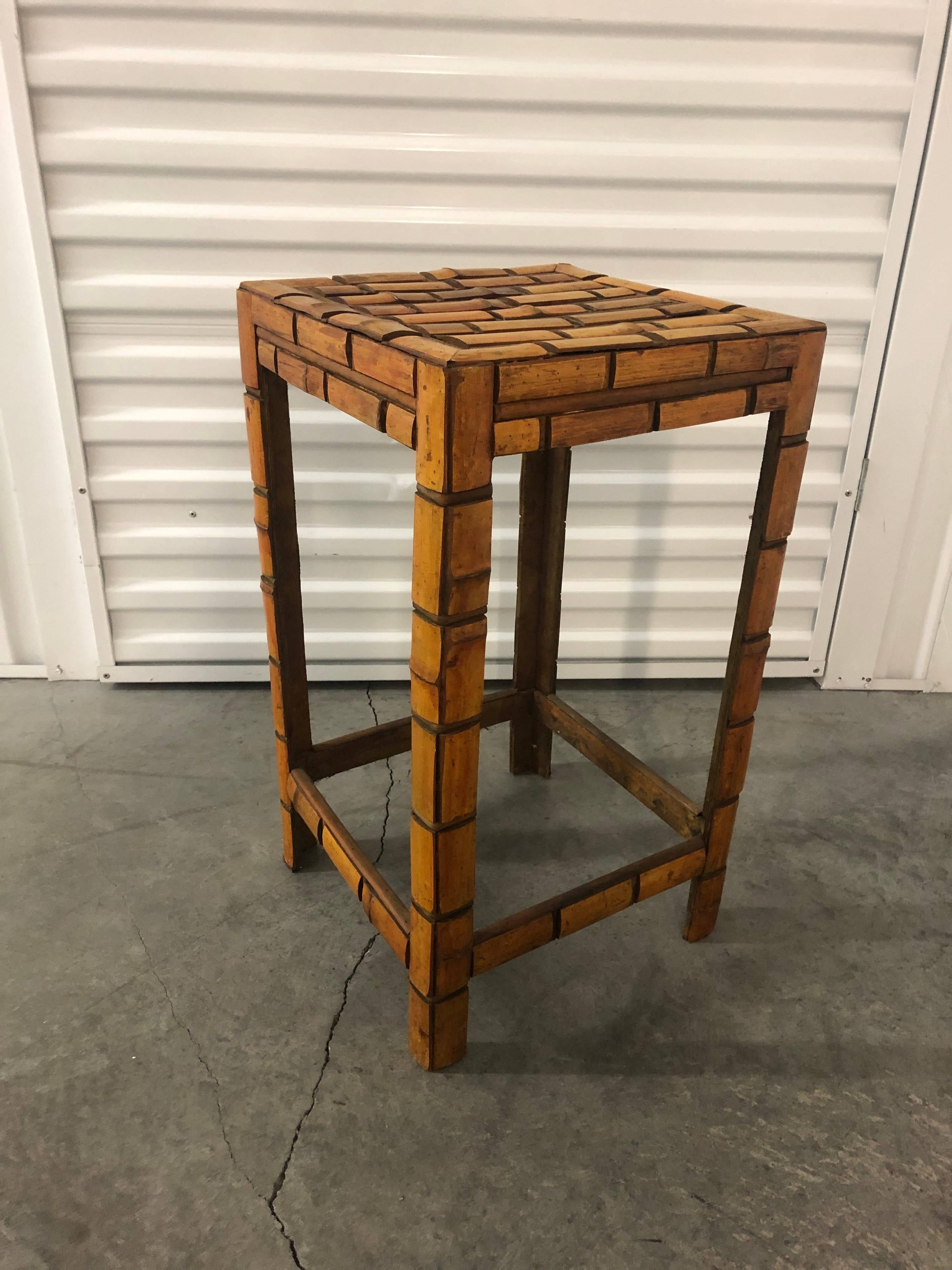 Slatted Asian bamboo small side table/stand
Finished on all sides.
Sizes: 9 1/4