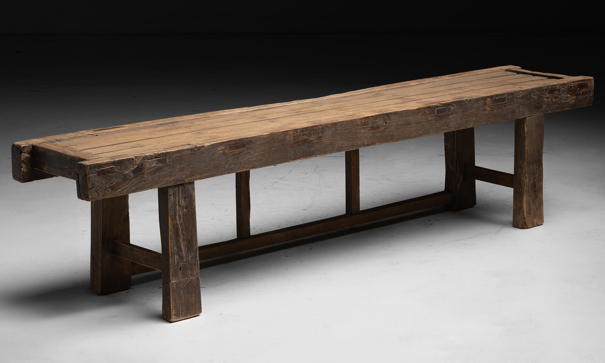 France circa 1950

Slatted bench constructed in elm, with 4 legs and frontal stretcher with beams.

83.5”L x 15.75”d x 20”h