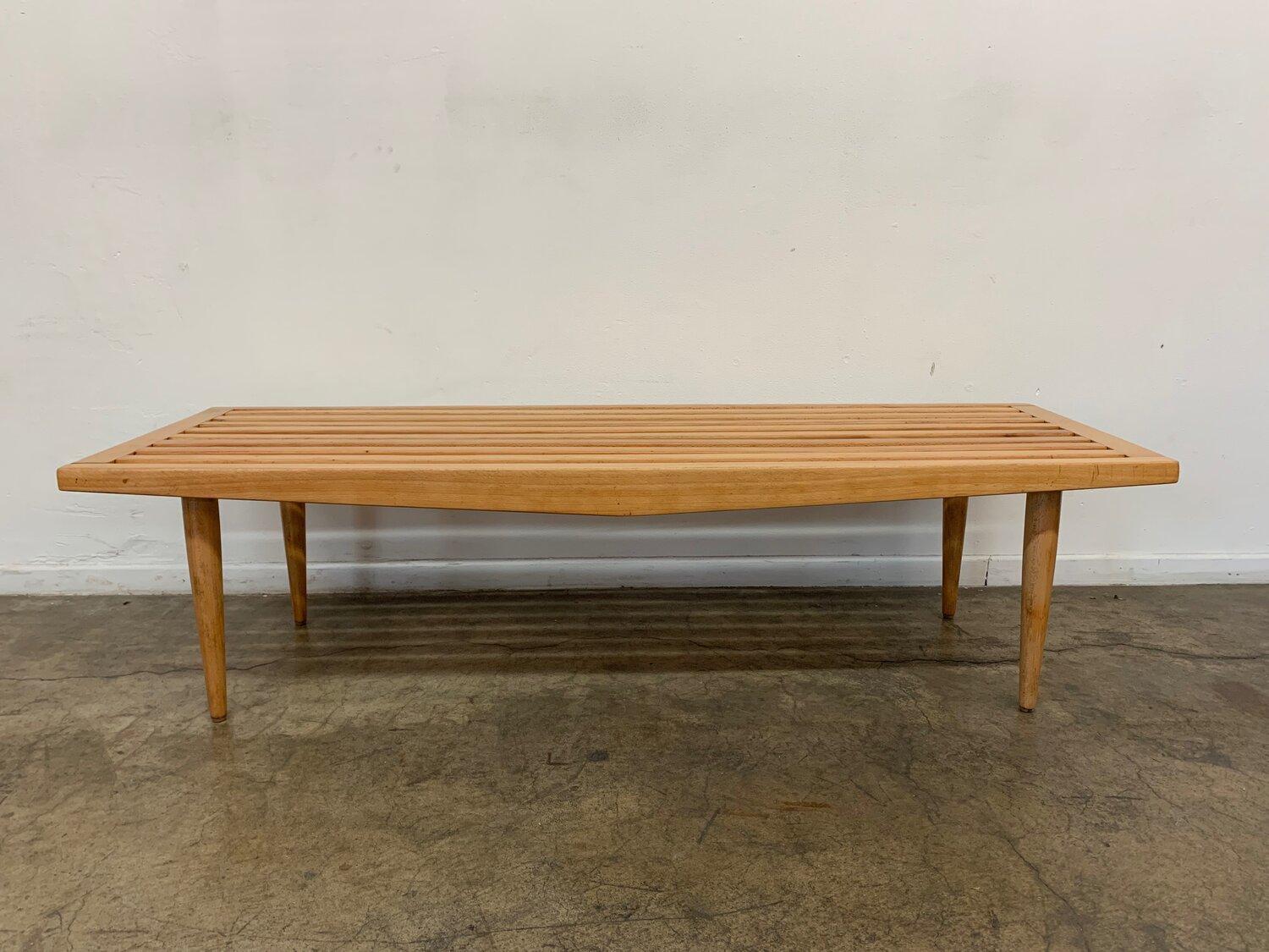 Measures: W53.75 // D18 // H14.25

Fully restored slatted mid-century bench. Item shows very well and is structurally sound.