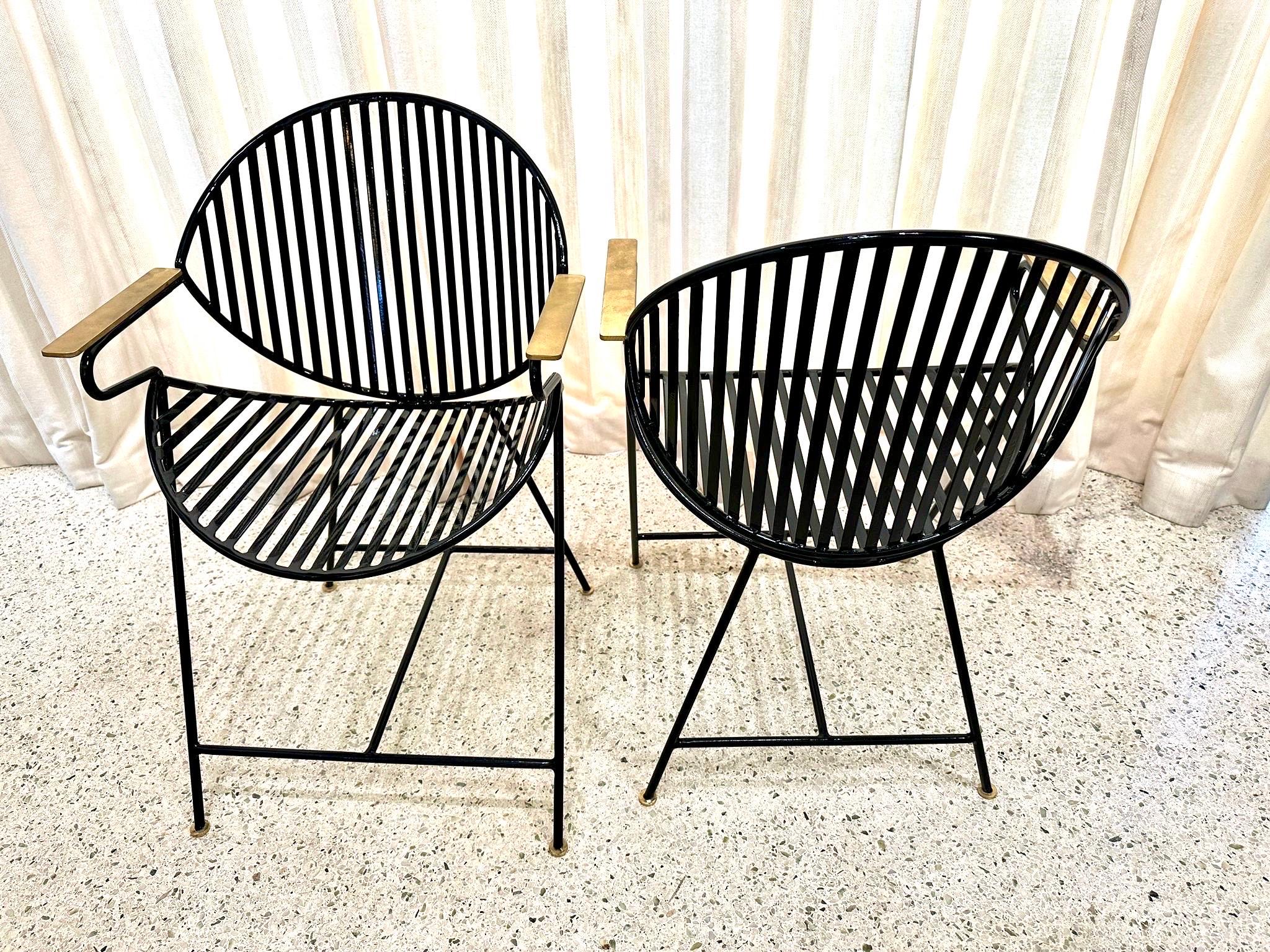 Slatted Iron & Brass Side Chairs, PAIR In Good Condition For Sale In East Hampton, NY