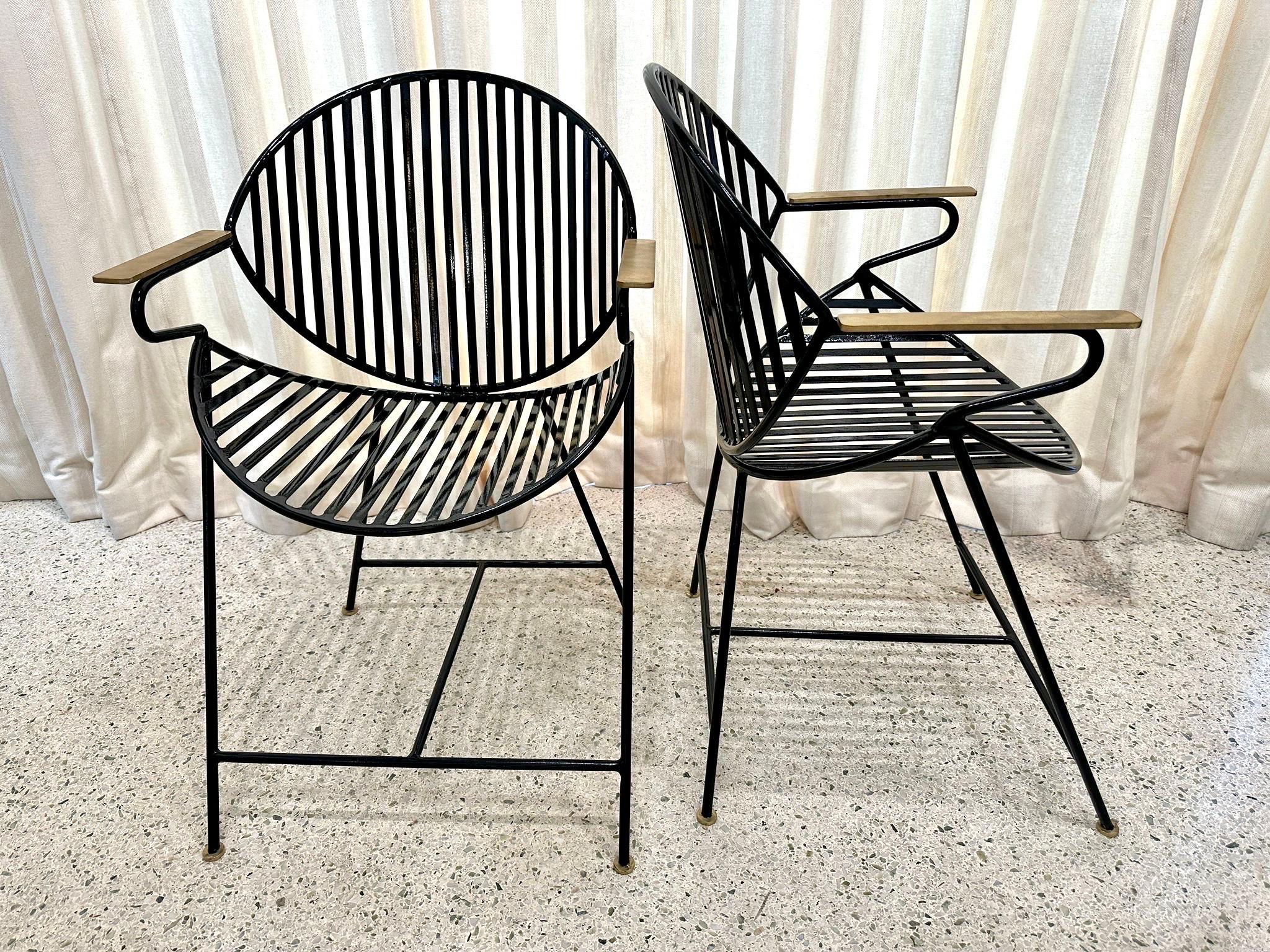 20th Century Slatted Iron & Brass Side Chairs, PAIR For Sale