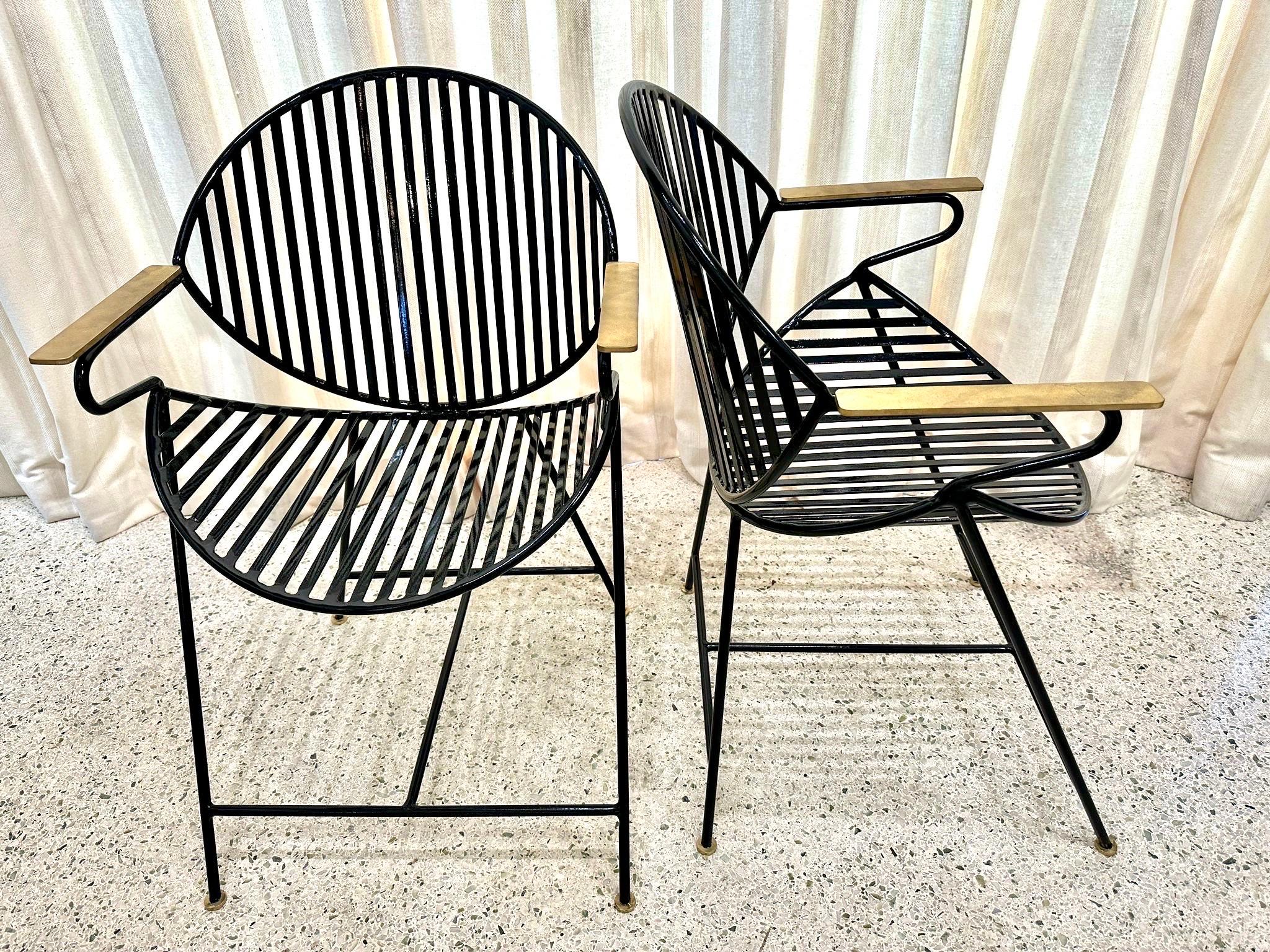 Slatted Iron & Brass Side Chairs, PAIR For Sale 1