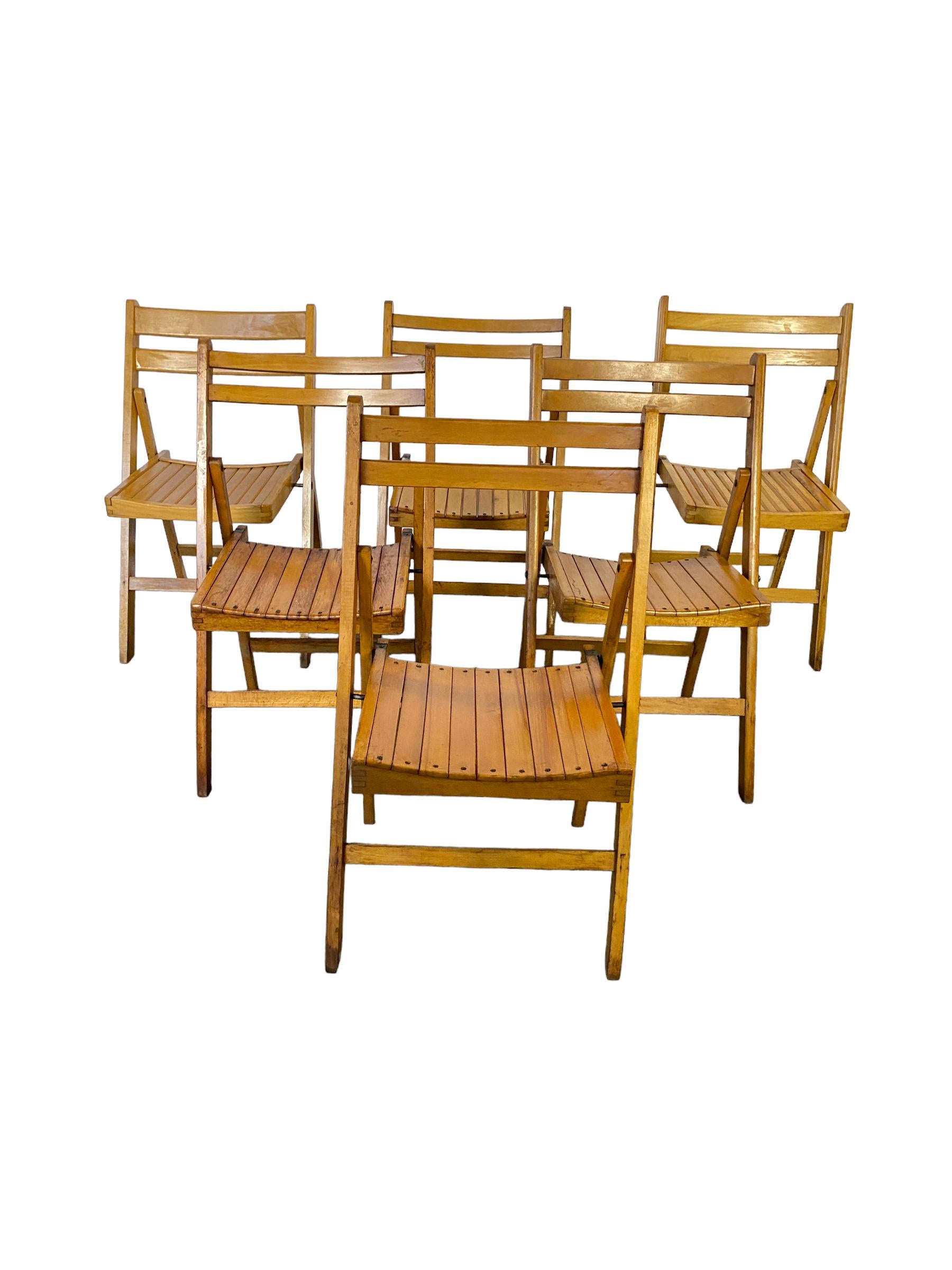 Mid-Century Modern Slatted Seat Wood Folding Chairs Set