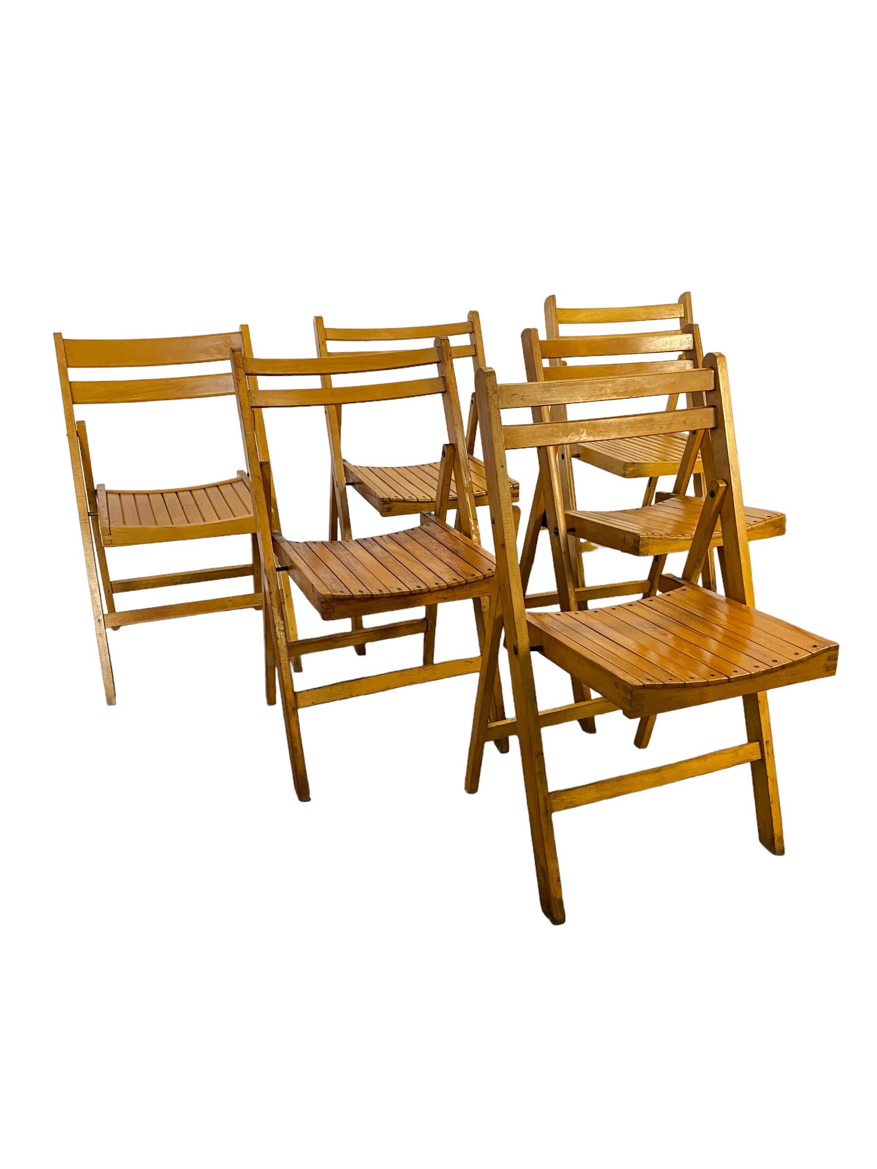 European Slatted Seat Wood Folding Chairs Set