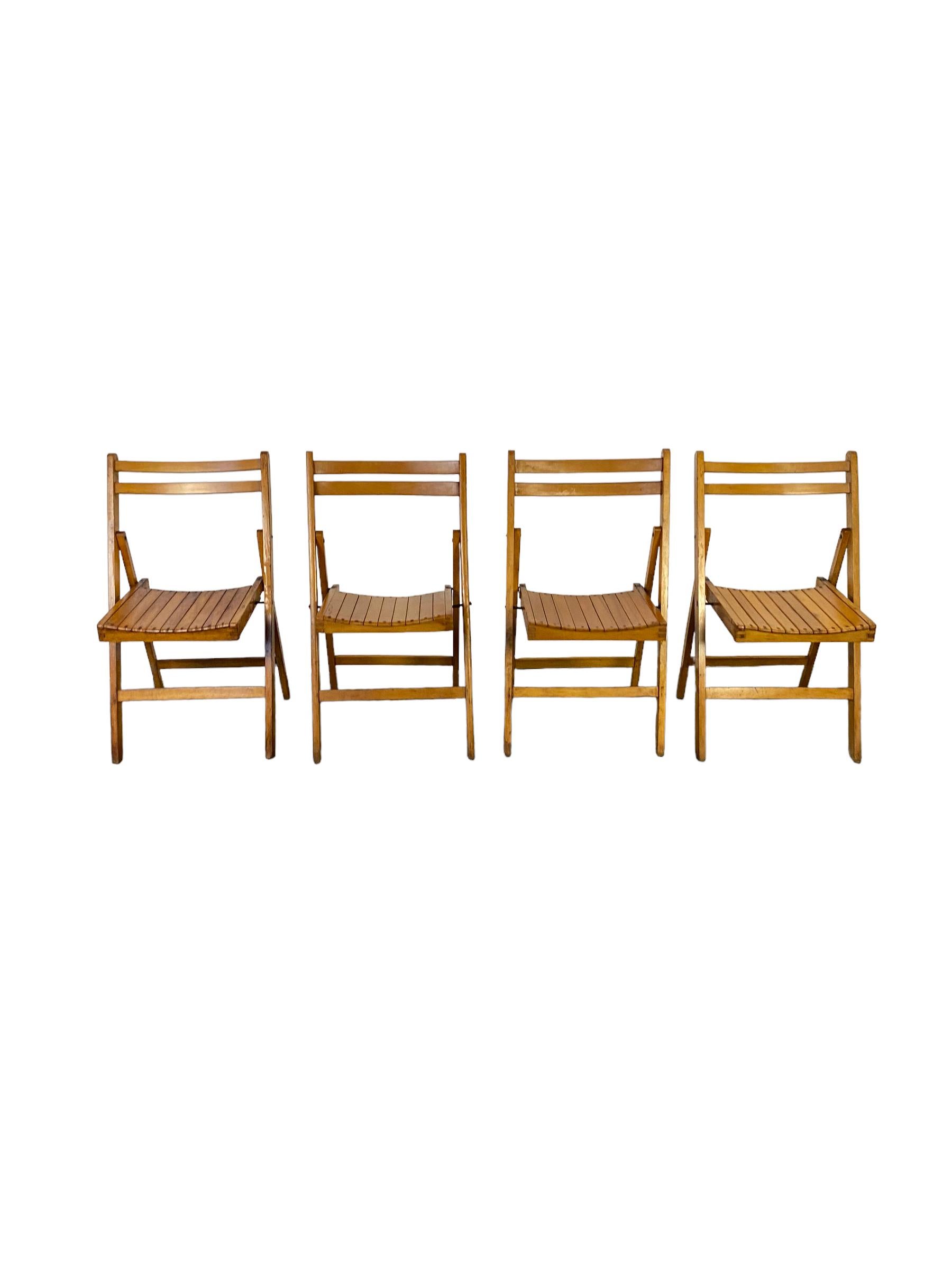 20th Century Slatted Seat Wood Folding Chairs Set