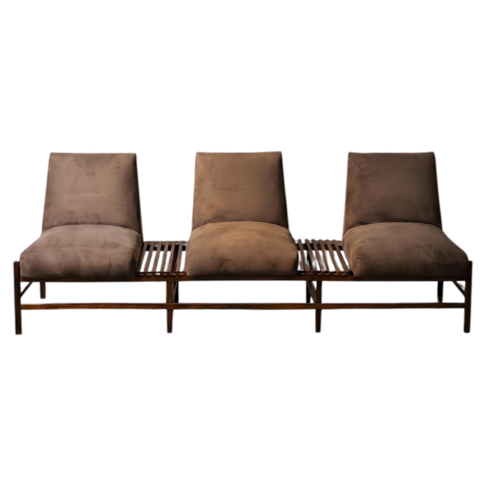 Slatted Sofa by Liceu De Artes E Ofícios, Slatted Wood Frame and Upholstery For Sale
