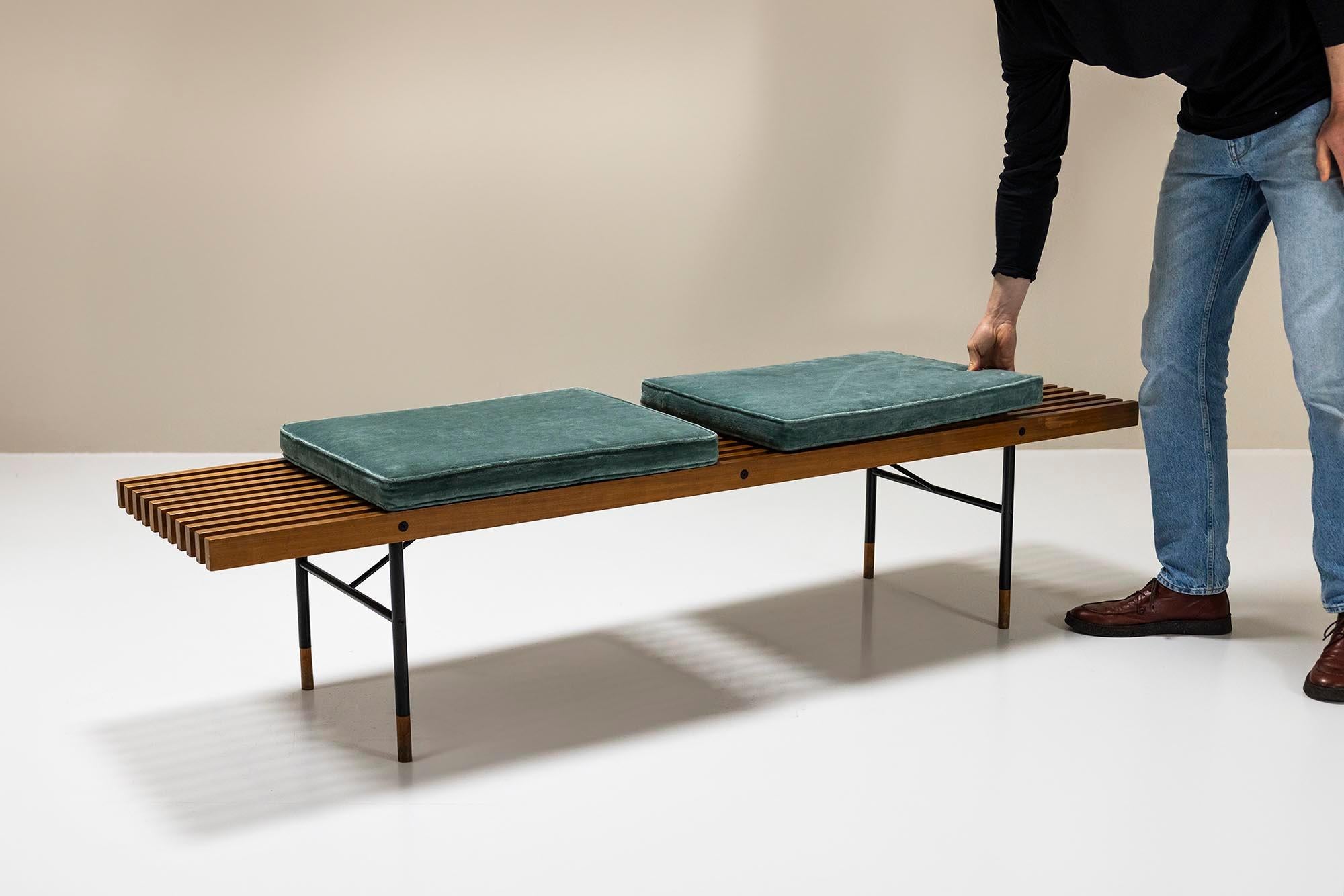 Mid-Century Modern Slatted Straight Wooden Bench With Blue Cushions By Poggi, Italy 1960's