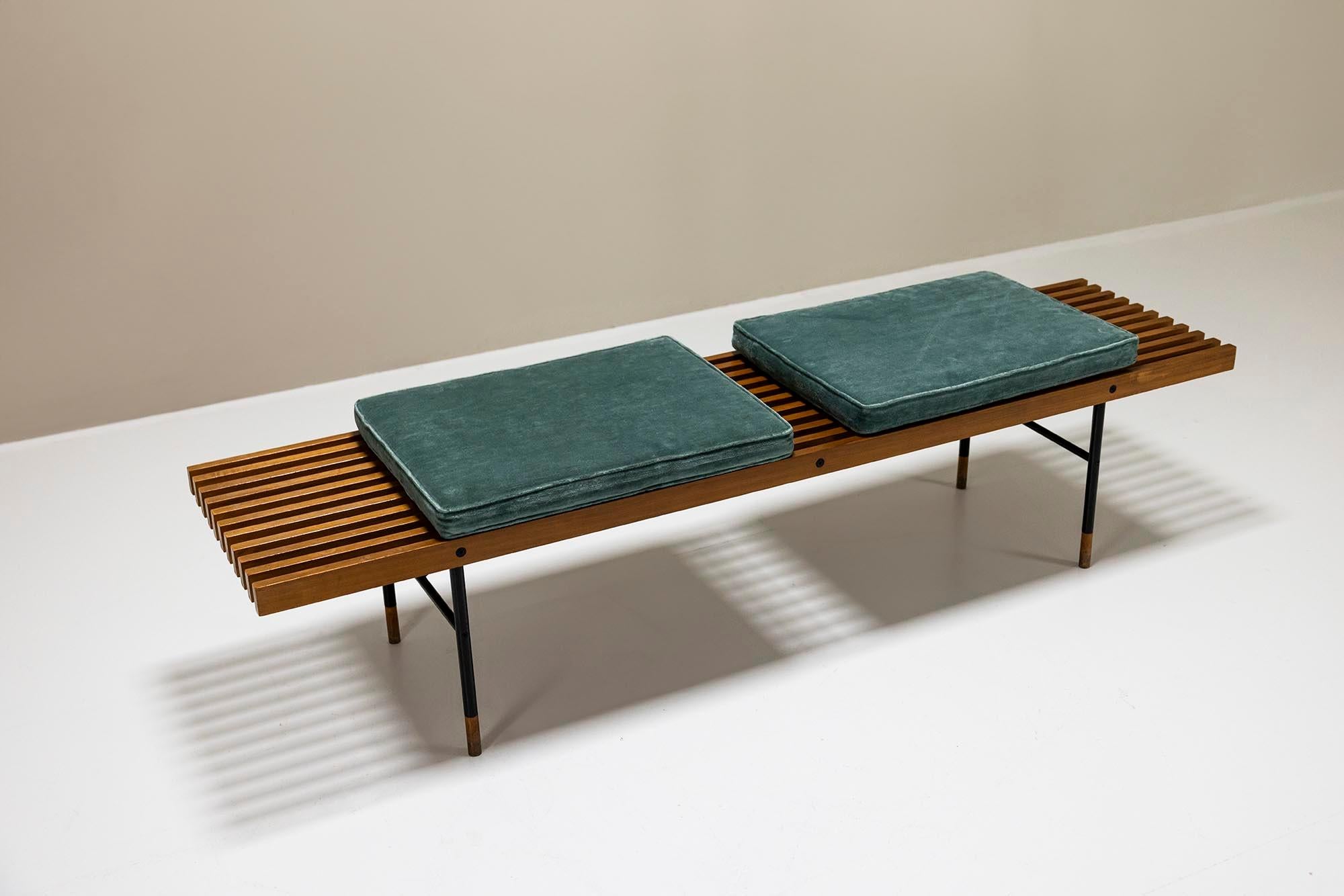 Italian Slatted Straight Wooden Bench With Blue Cushions By Poggi, Italy 1960's