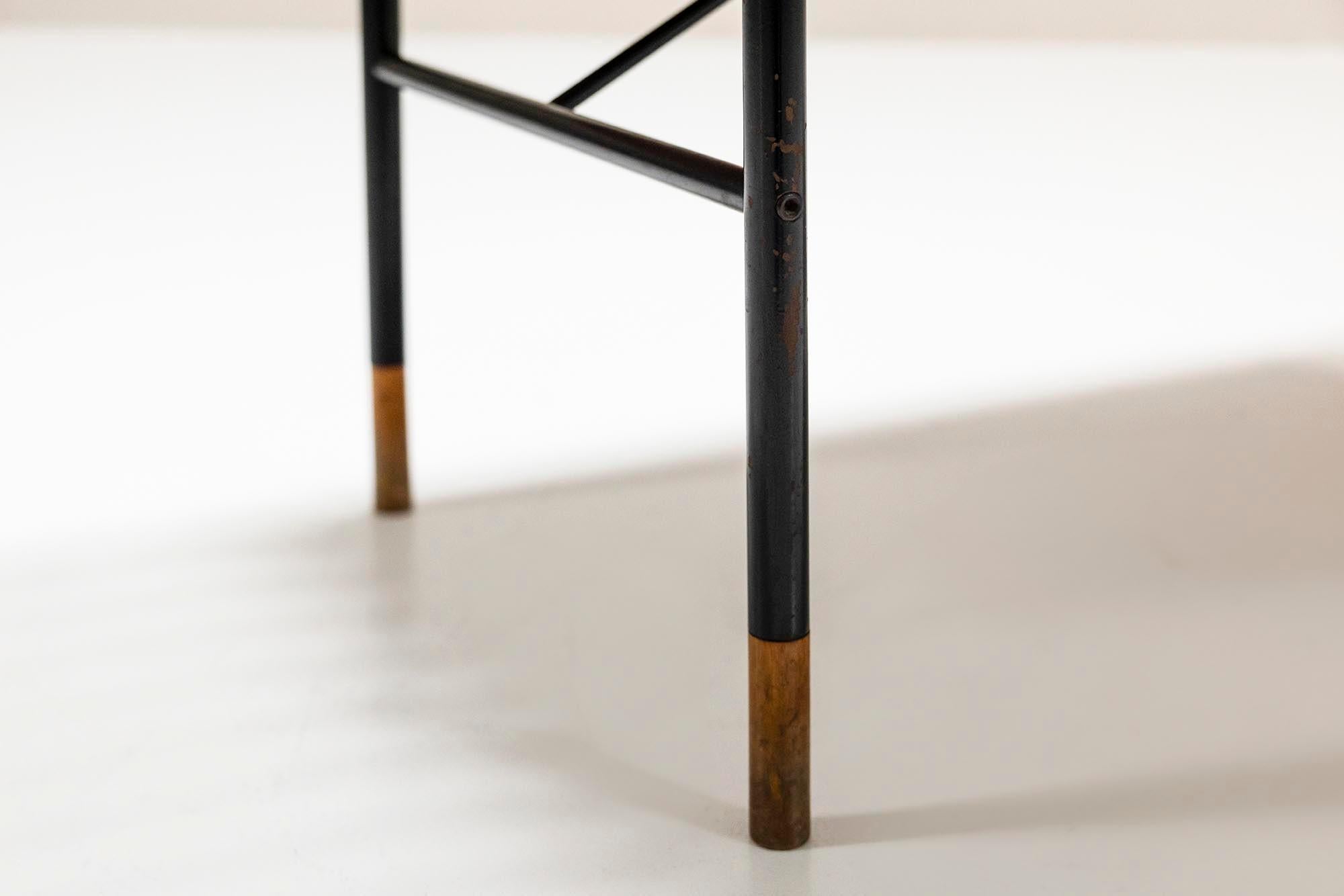 Metal Slatted Straight Wooden Bench With Blue Cushions By Poggi, Italy 1960's