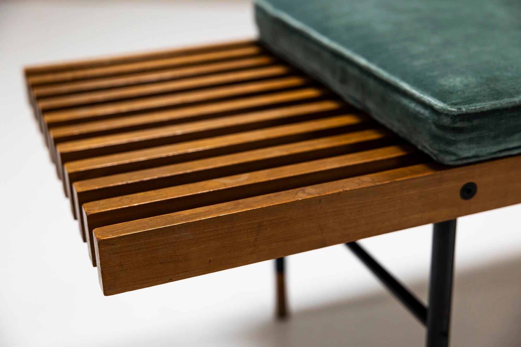 Slatted Straight Wooden Bench With Blue Cushions By Poggi, Italy 1960's 1
