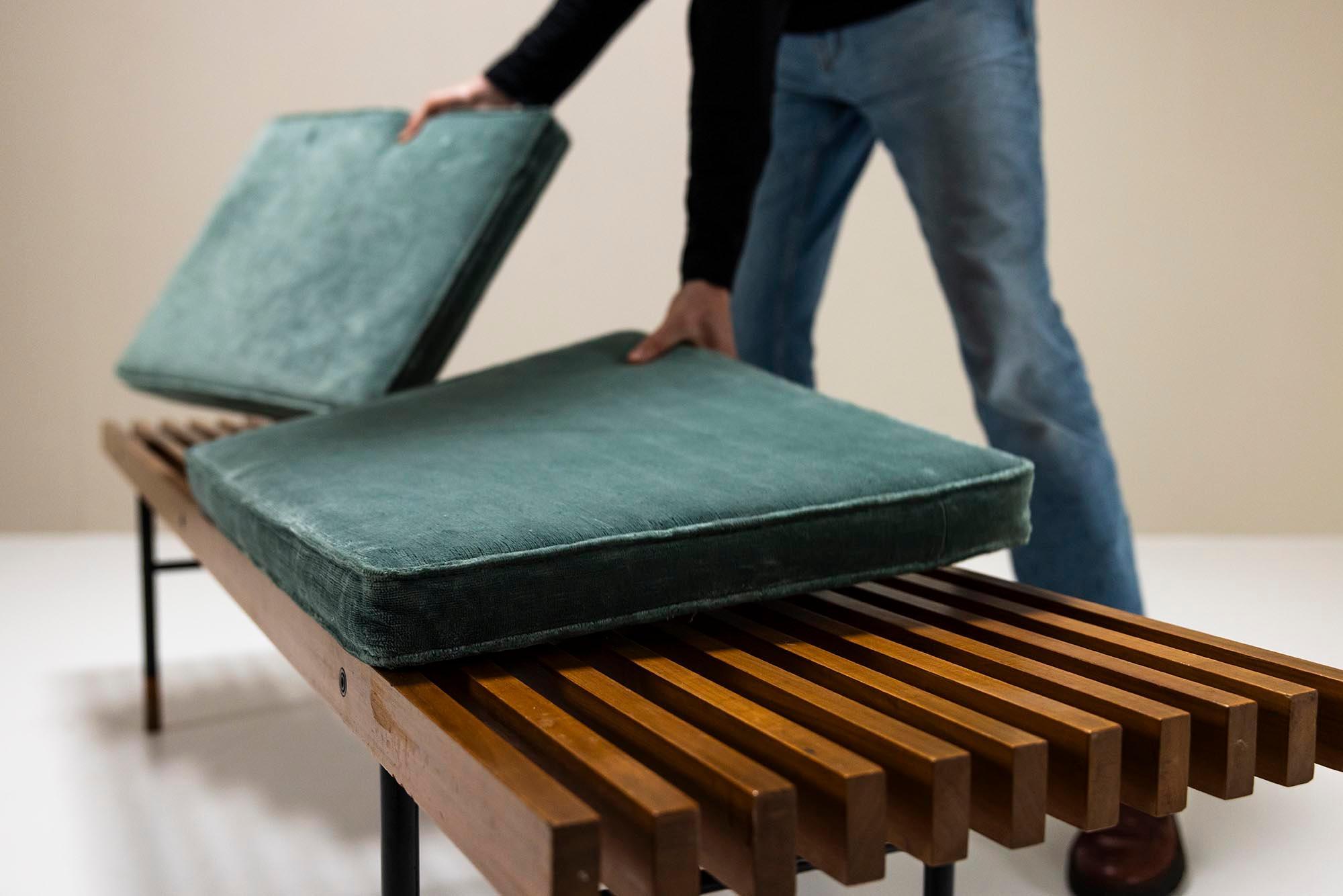 Slatted Straight Wooden Bench With Blue Cushions By Poggi, Italy 1960's 2