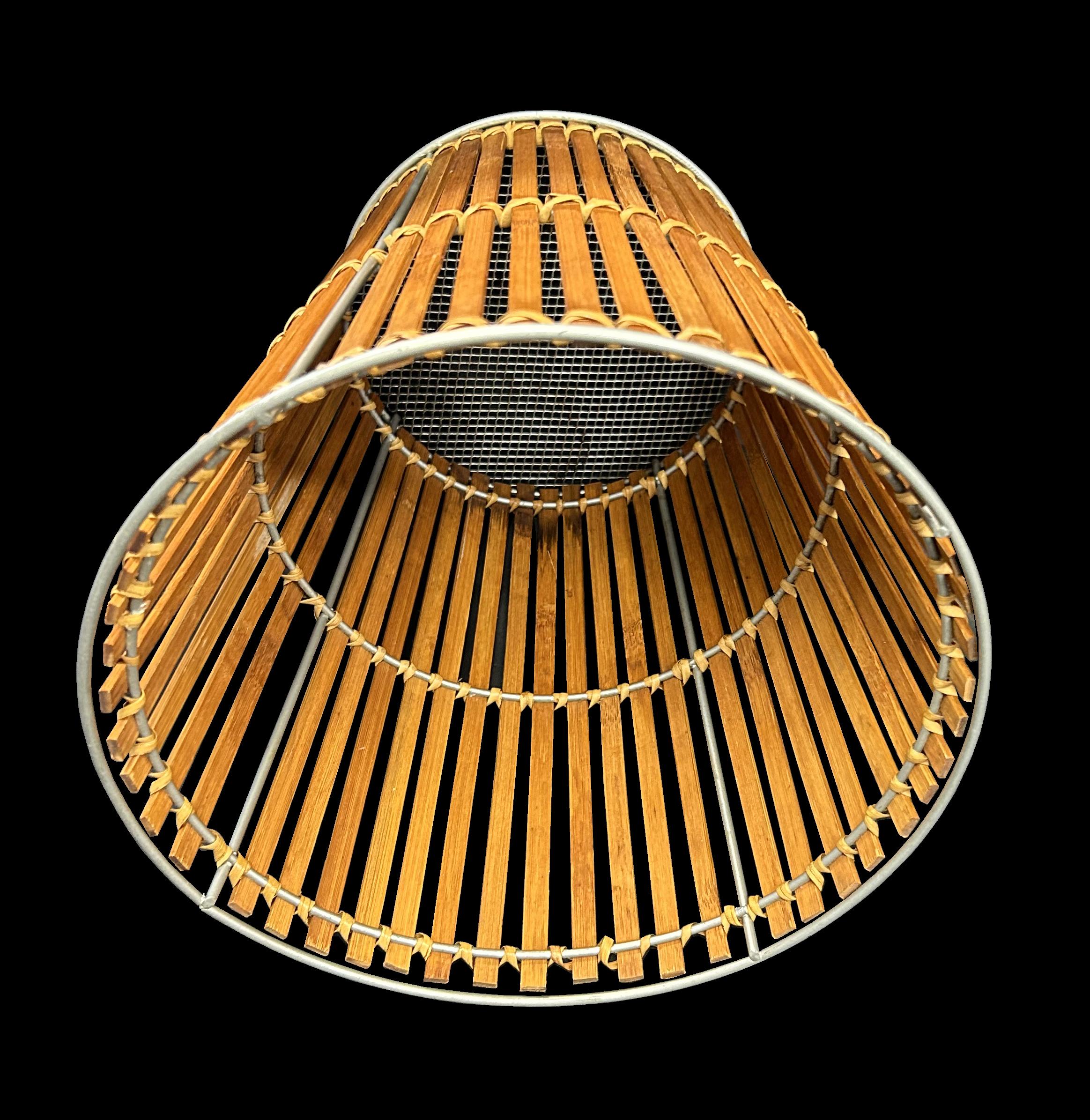 Mid-Century Modern Slatted Bamboo and Rattan Waste Paper Basket
