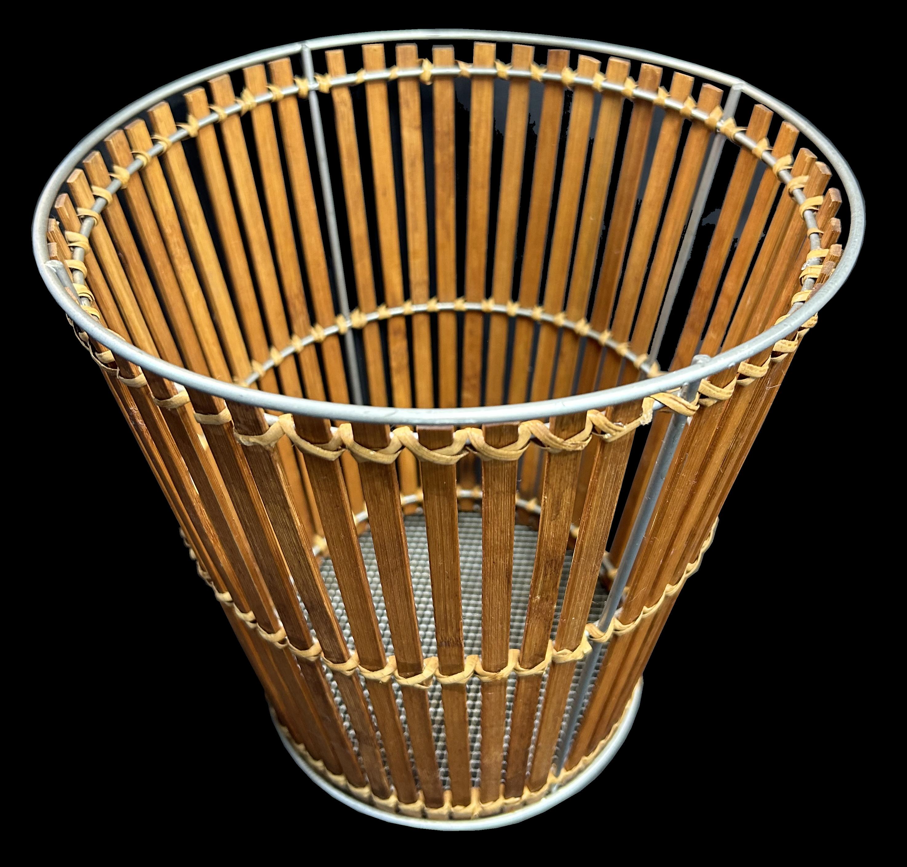 Danish Slatted Bamboo and Rattan Waste Paper Basket