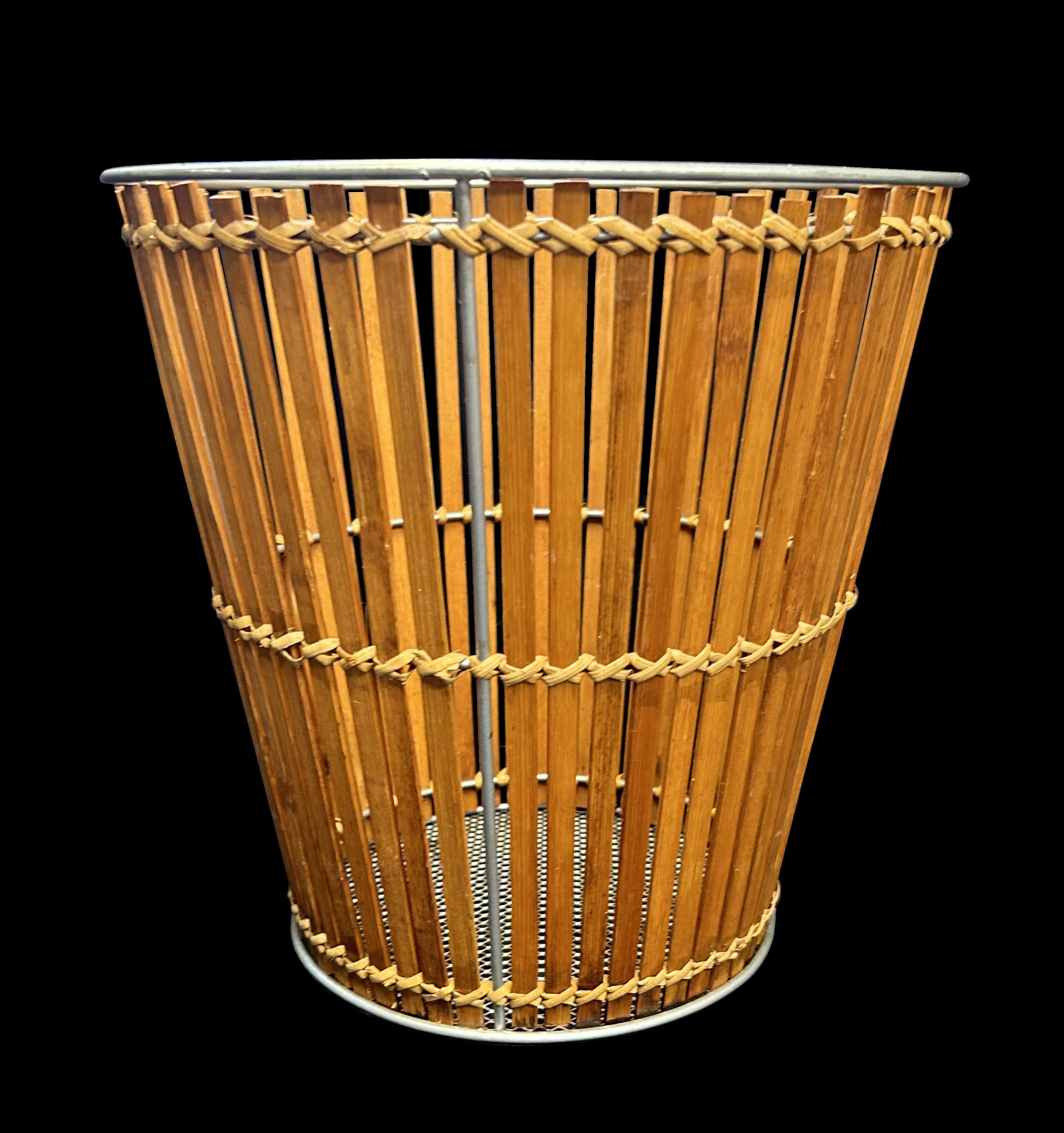 20th Century Slatted Bamboo and Rattan Waste Paper Basket