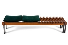 Slatted Teak Bench with Velvet Seats by Inge & Luciano Rubino, Italy, 1960s