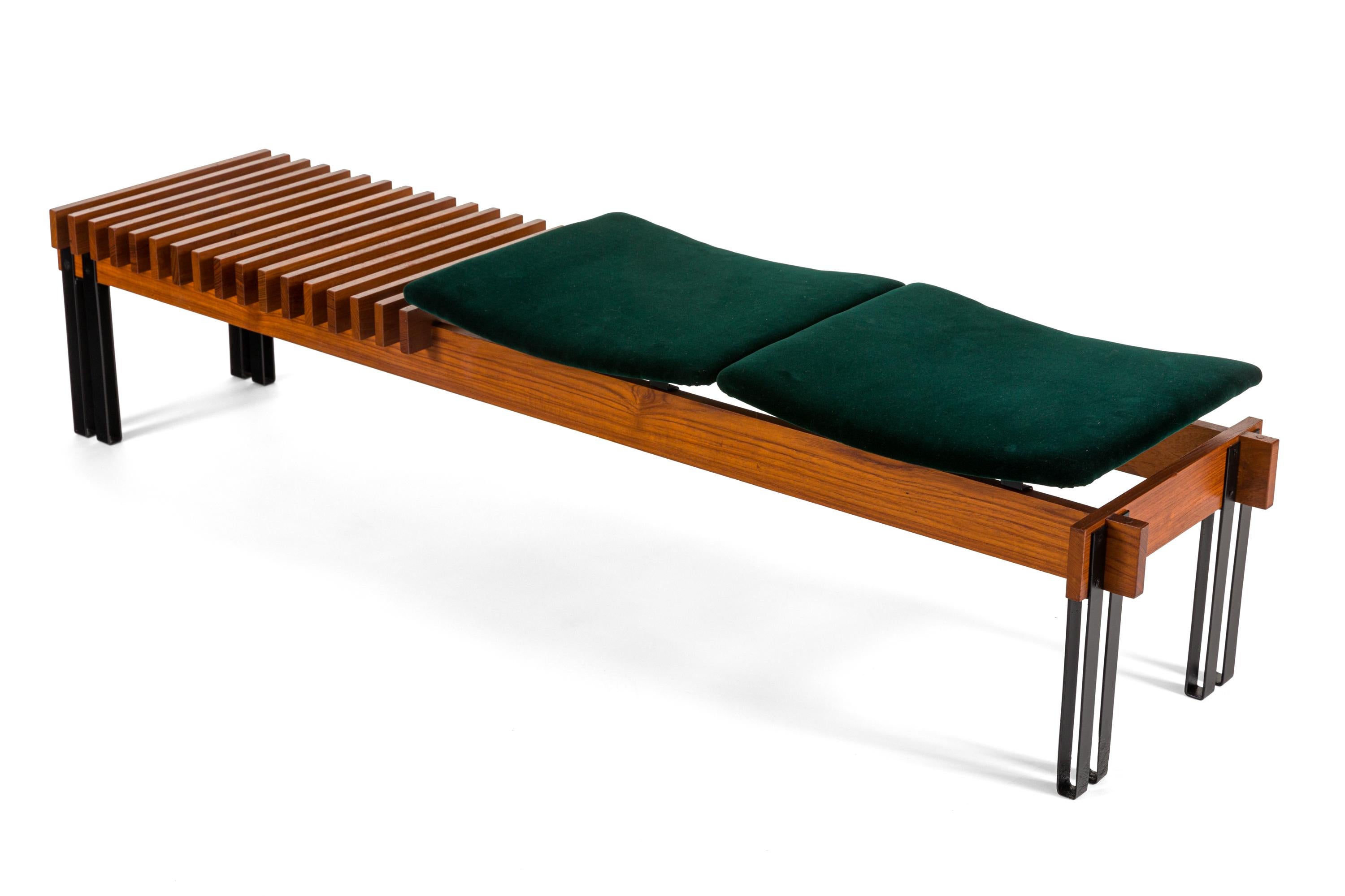 Mid-Century Modern Slatted Teak Bench with Velvet Seats by Inge & Luciano Rubino, Italy, 1960s