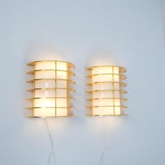 Slatted Vintage Brass and White Acrylic Wall Scones, Precenta Finland 1970s