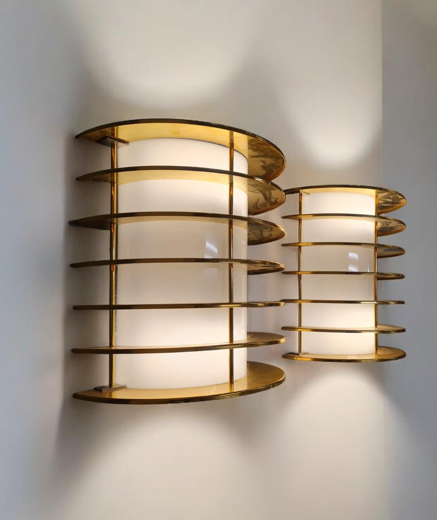 Finnish Slatted Vintage Brass and White Acrylic Wall Scones, Precenta Finland 1970s For Sale