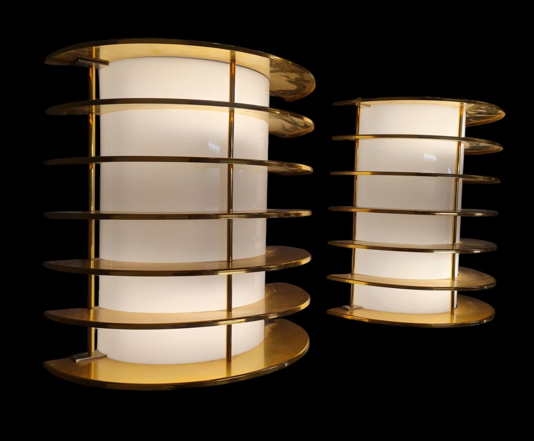 Late 20th Century Slatted Vintage Brass and White Acrylic Wall Scones, Precenta Finland 1970s For Sale