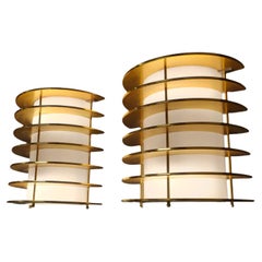 Slatted Vintage Brass and White Acrylic Wall Scones, Precenta Finland 1970s