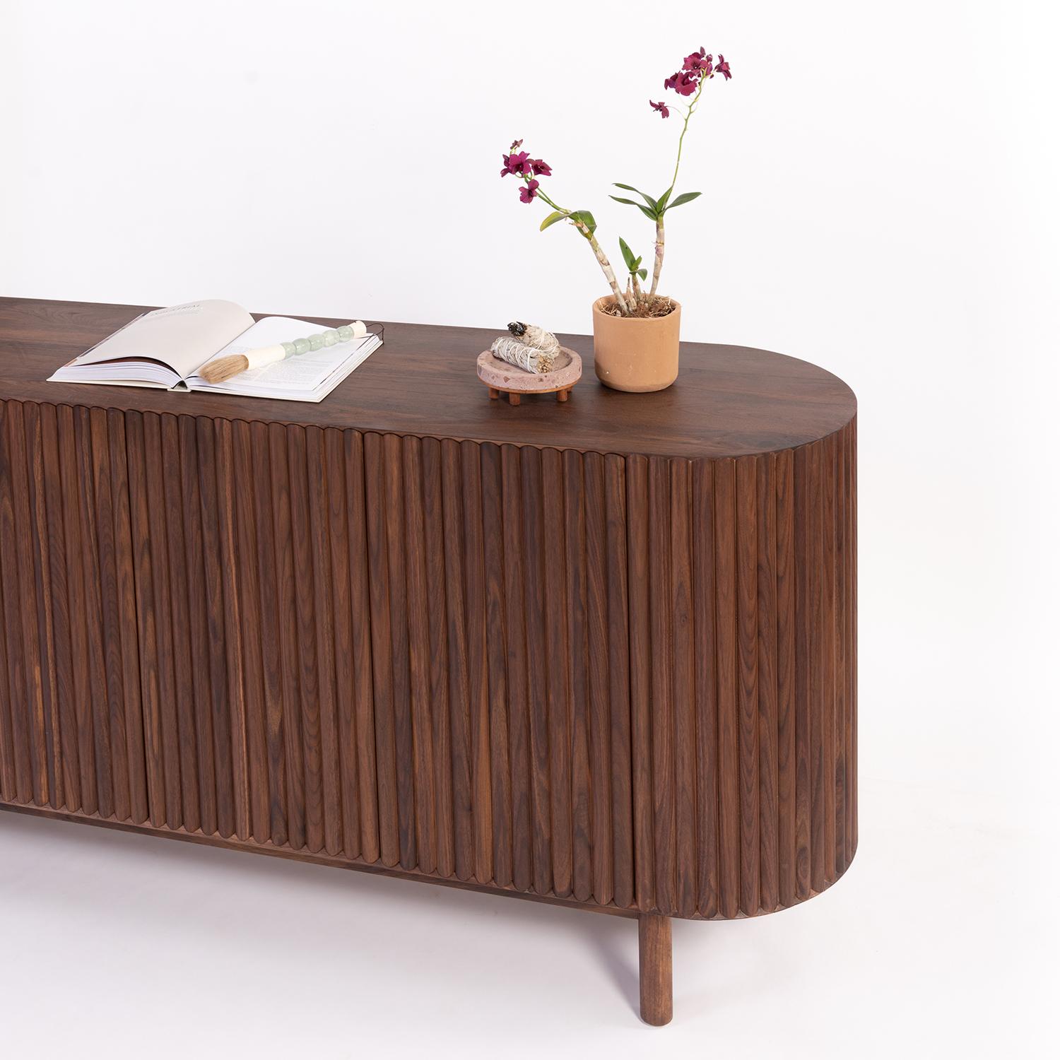 Mexican Slatted 78-Inch Walnut Wood RIMA Credenza by Peca For Sale