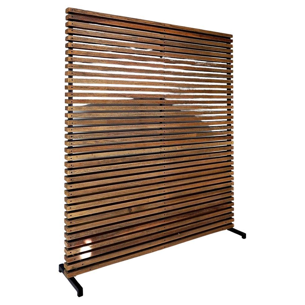 Slatted wood panel room divider or slatted coat rack with 10 mobile hooks