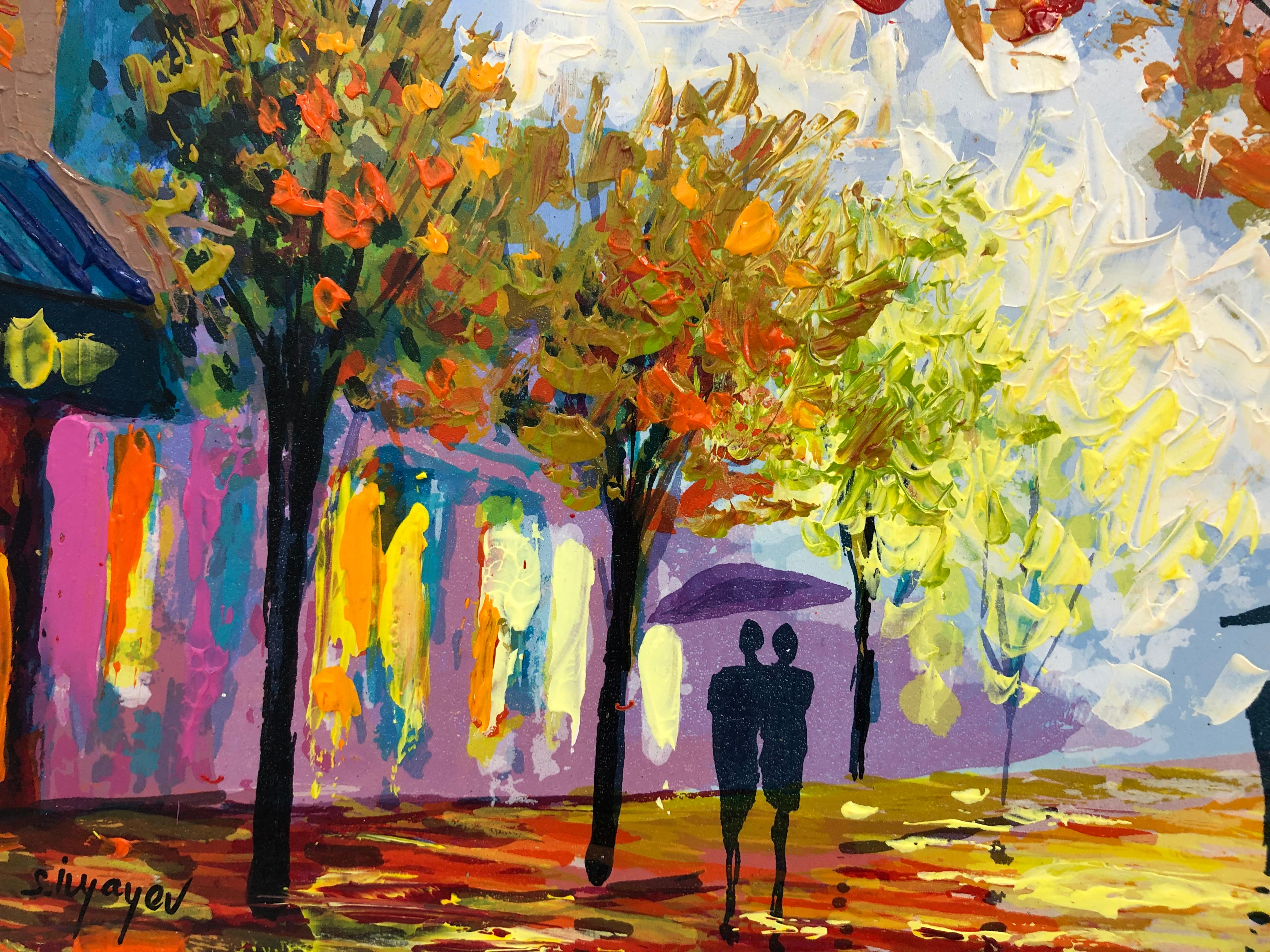 Caught in the Rain (embelli sur panneau) - Marron Figurative Print par Slava Ilyayev