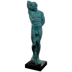 After Michelangelo's Slave Series Classical Male Nude Bronze, Green Patina
